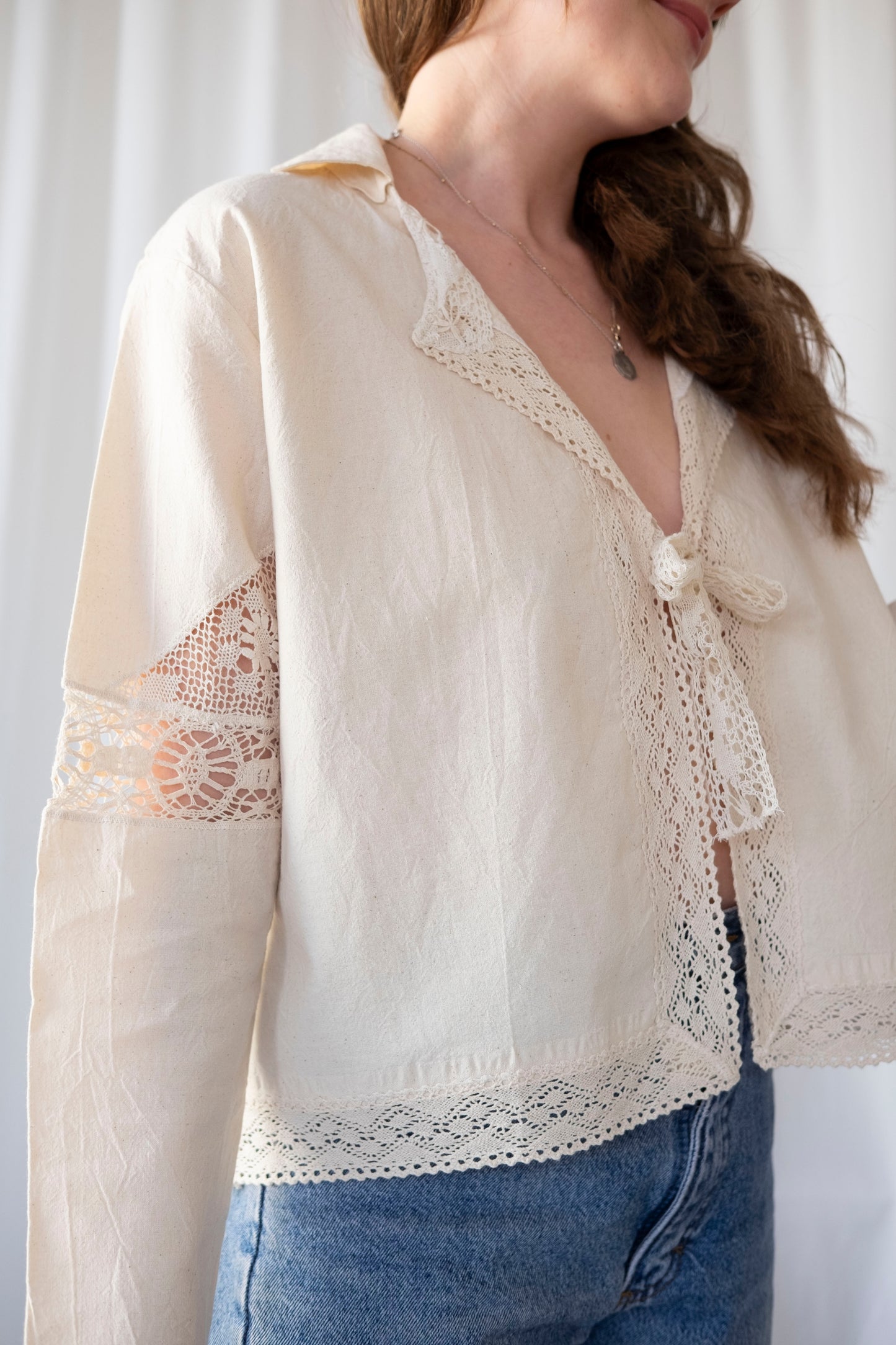 Astrantia ~ Reworked Vintage Linen Antique Lace Tie Shirt - S