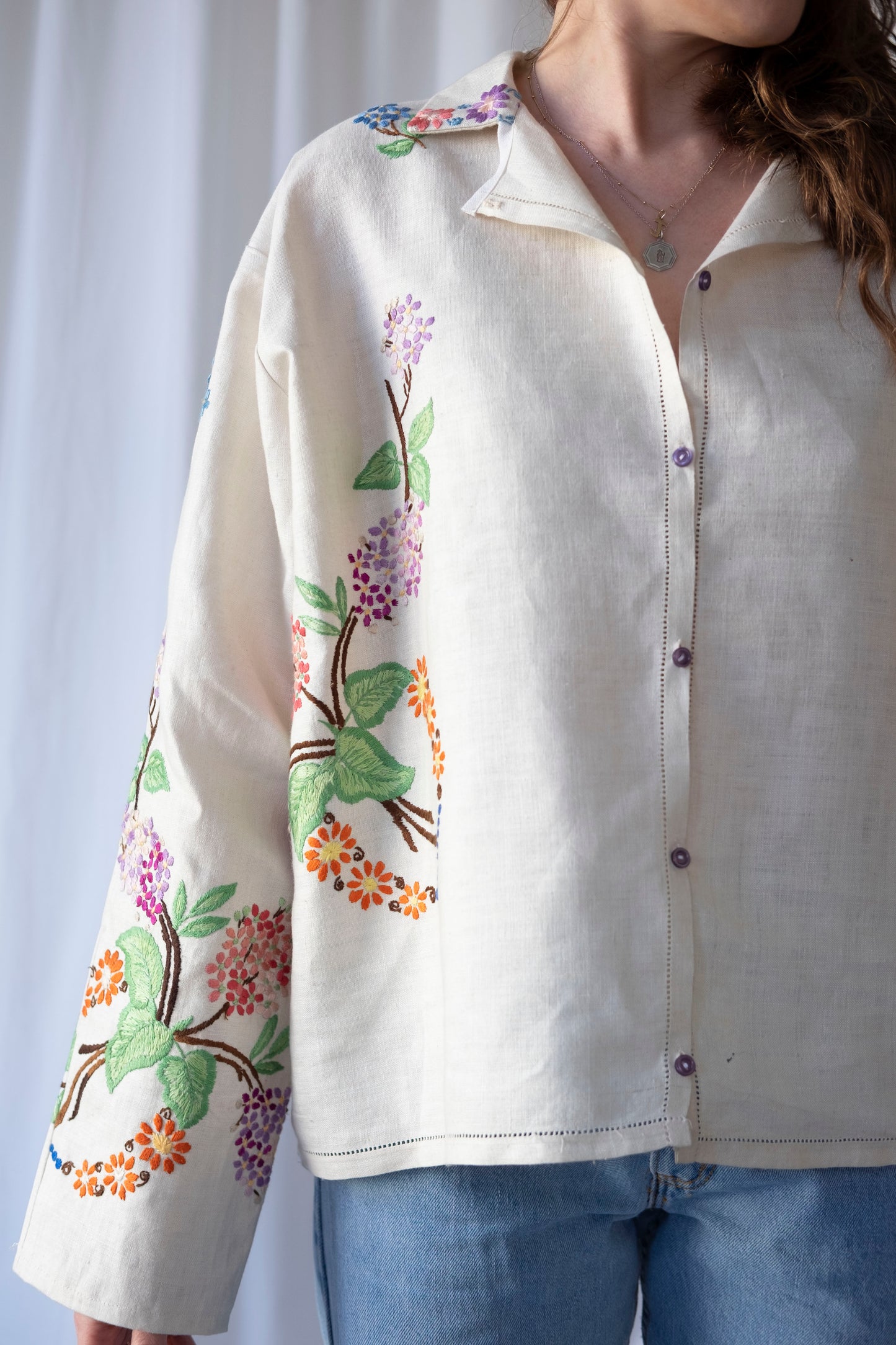 Lilac ~ Reworked Heavy Linen Embroidered Overshirt ~ L/XL