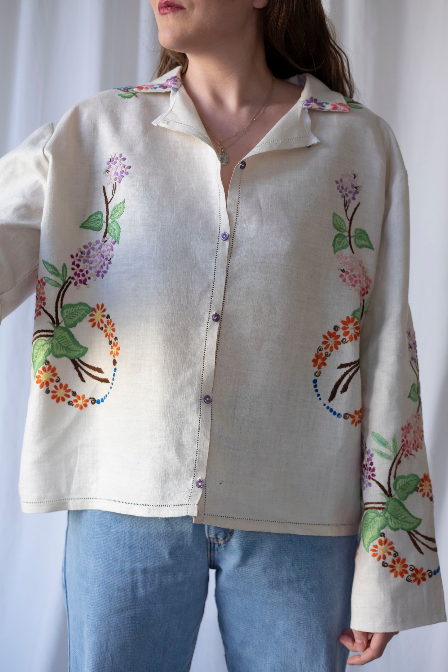 Lilac ~ Reworked Heavy Linen Embroidered Overshirt ~ L/XL