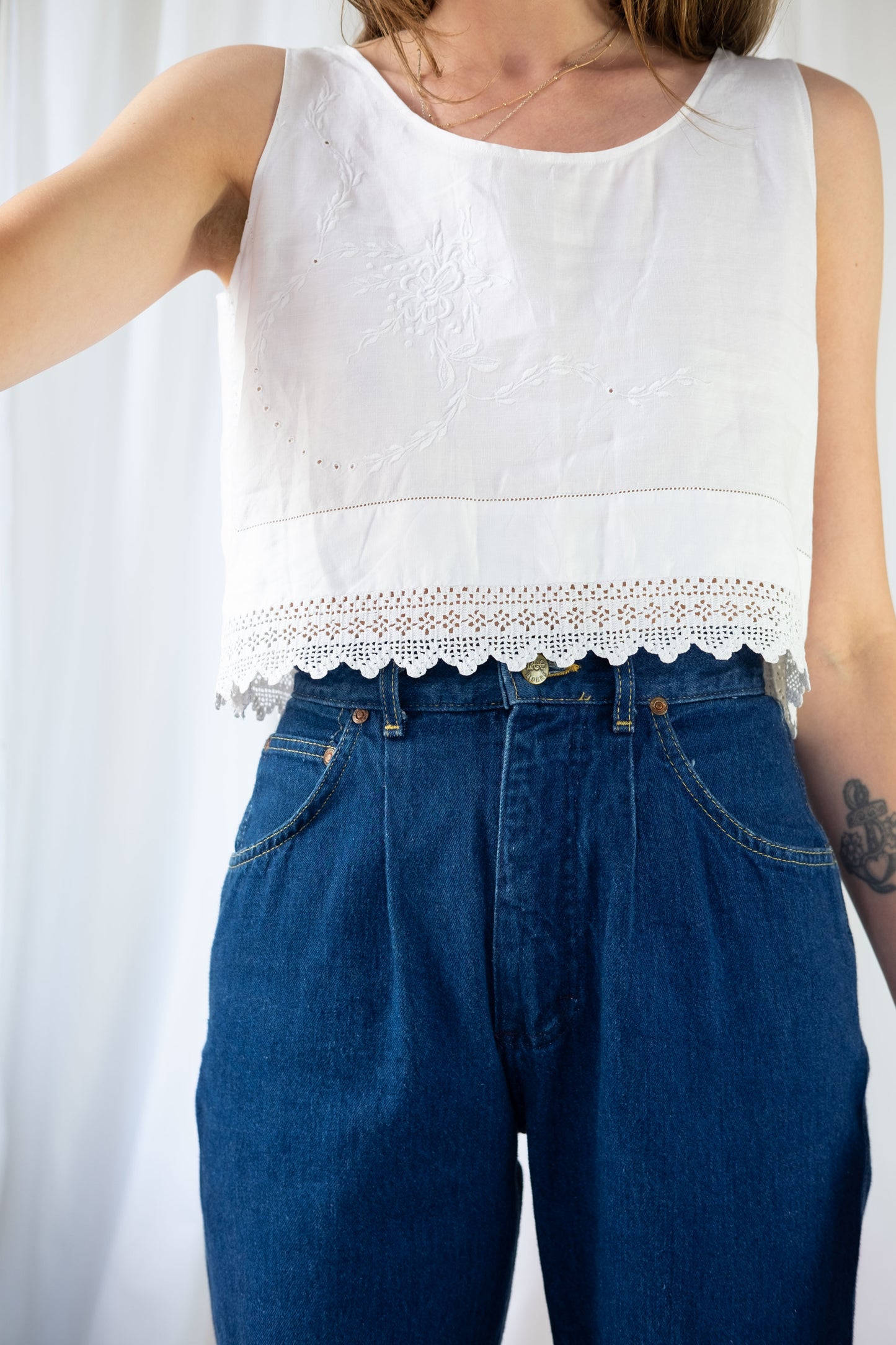 Reimagined Vintage Linen Crochet Cropped Top - S/M