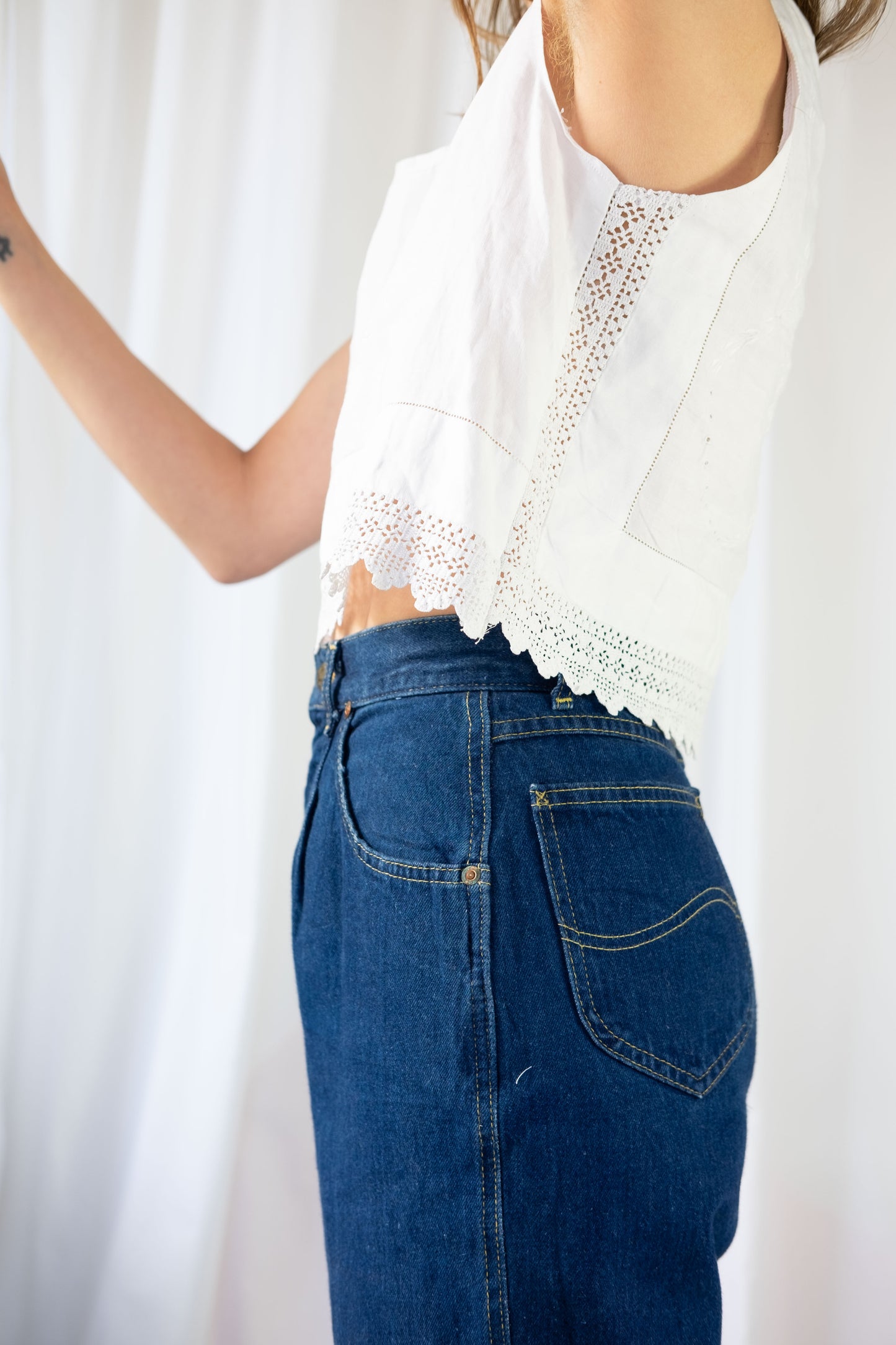 Reimagined Vintage Linen Crochet Cropped Top - S/M