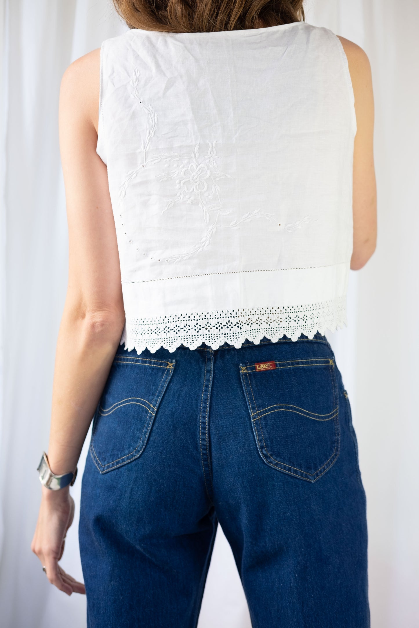 Reimagined Vintage Linen Crochet Cropped Top - S/M