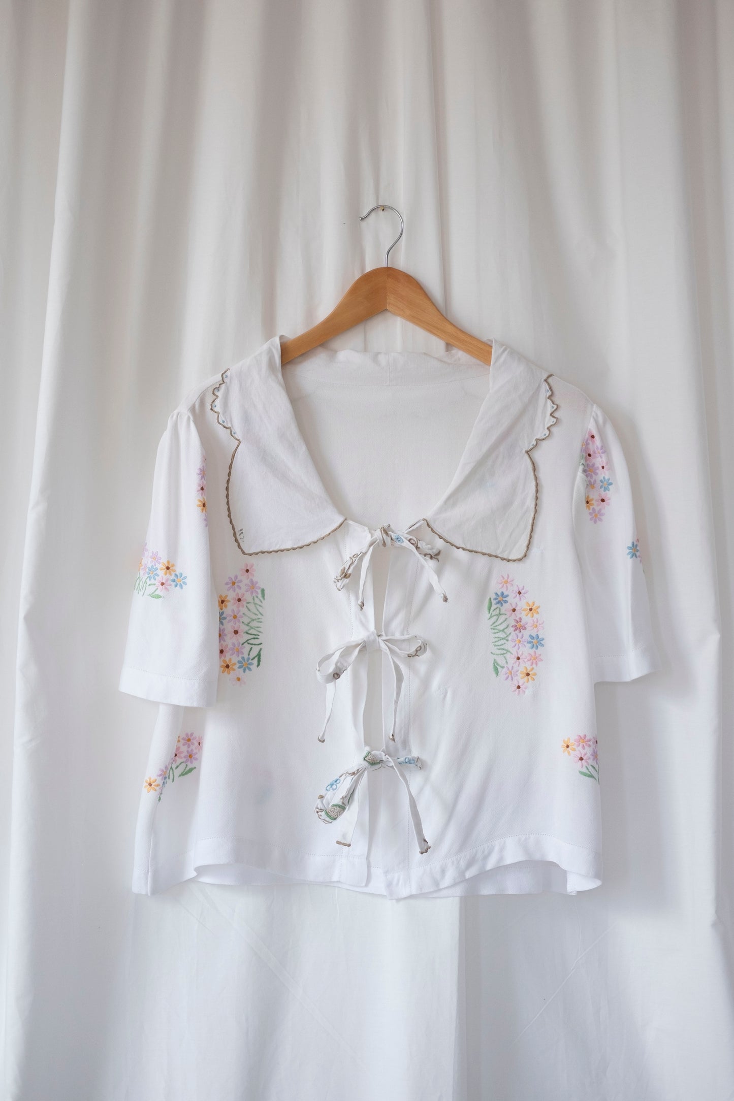 Marianne ~ Reworked Embroidered Tie Shirt - L