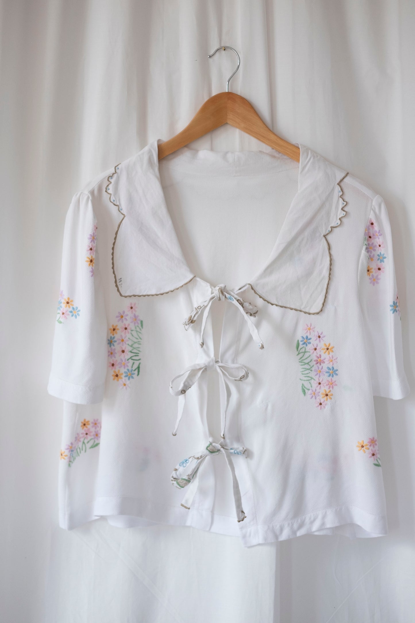 Marianne ~ Reworked Embroidered Tie Shirt - L