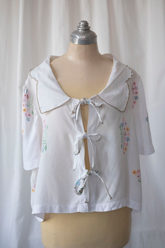 Marianne ~ Reworked Embroidered Tie Shirt - L