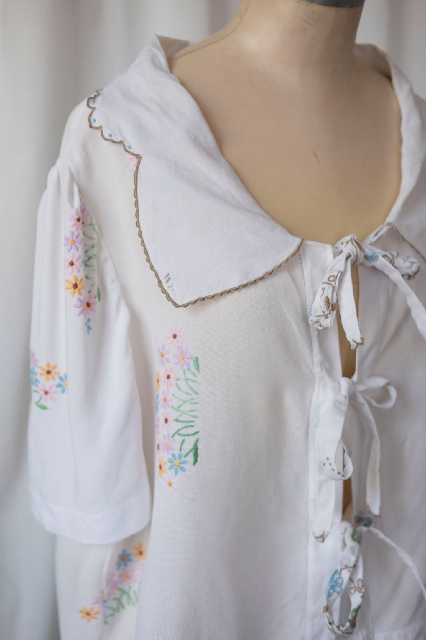 Marianne ~ Reworked Embroidered Tie Shirt - L