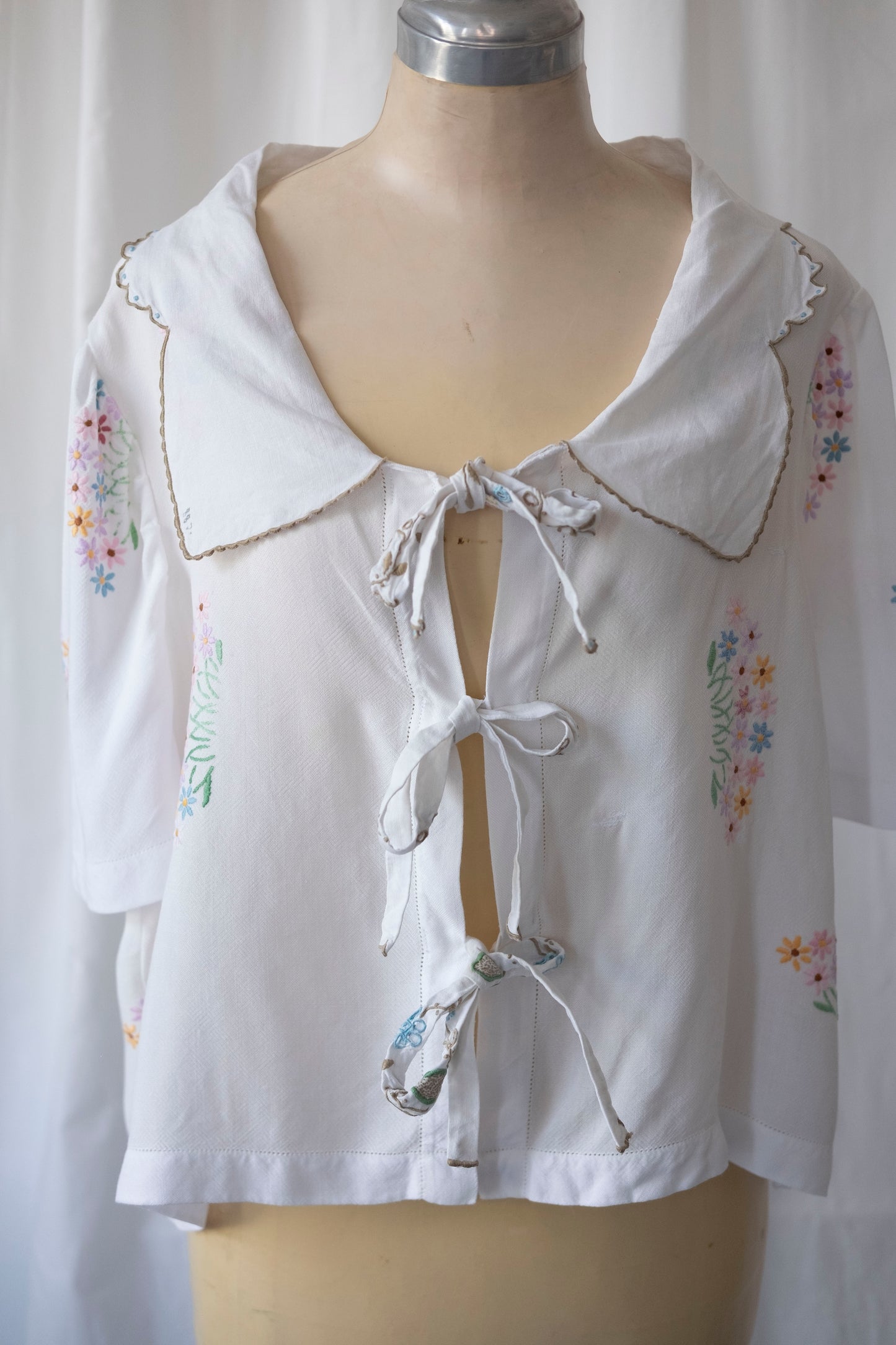 Marianne ~ Reworked Embroidered Tie Shirt - L