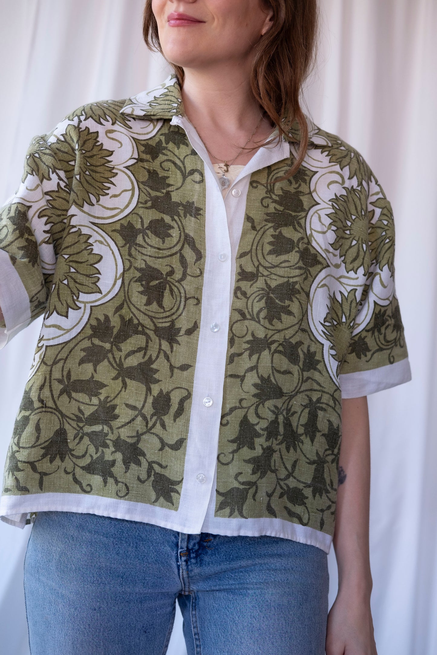 Moss ~ Reworked Linen Tablecloth Shirt ~ L