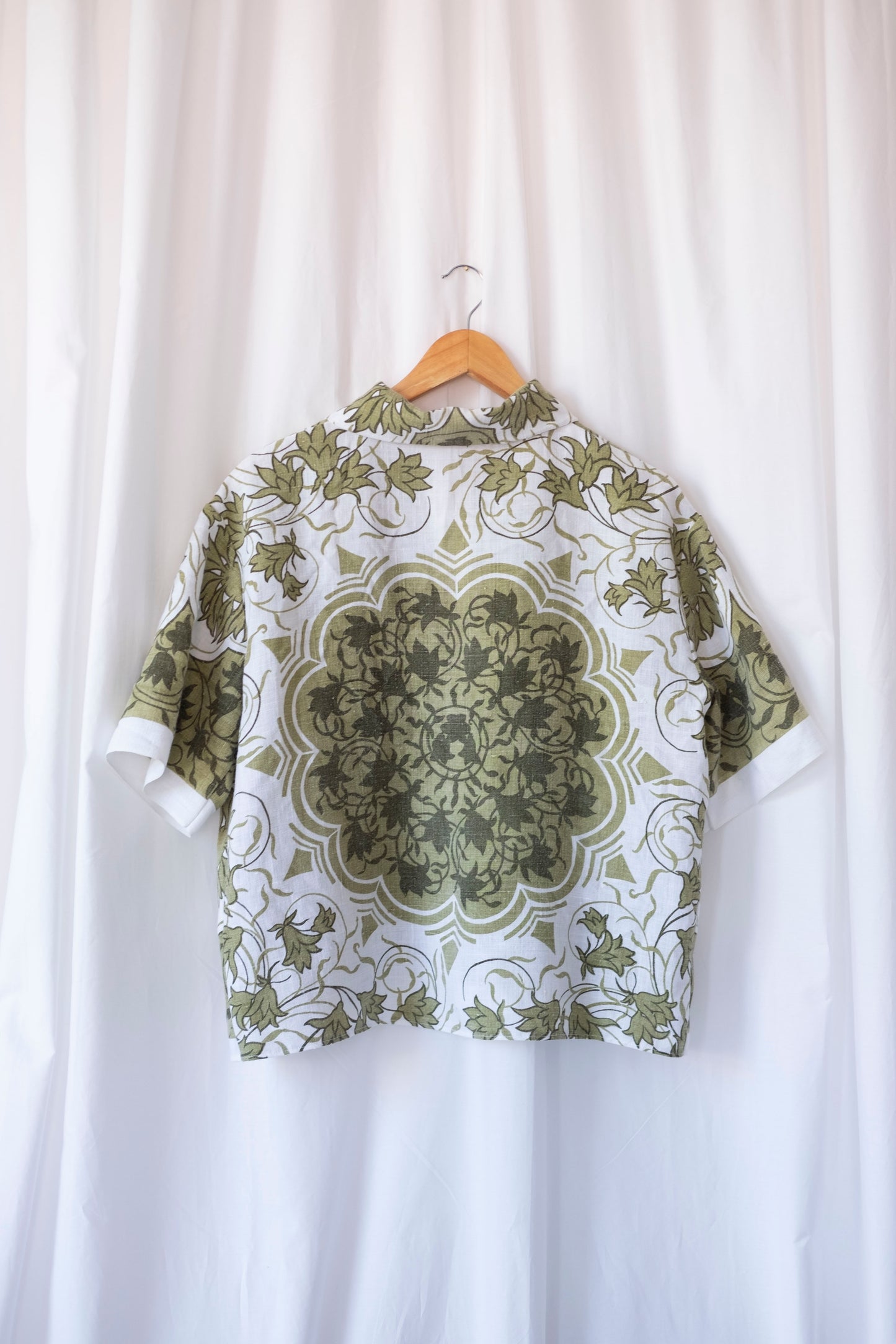 Moss ~ Reworked Linen Tablecloth Shirt ~ L