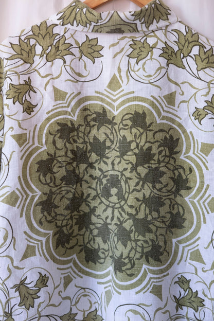 Moss ~ Reworked Linen Tablecloth Shirt ~ L