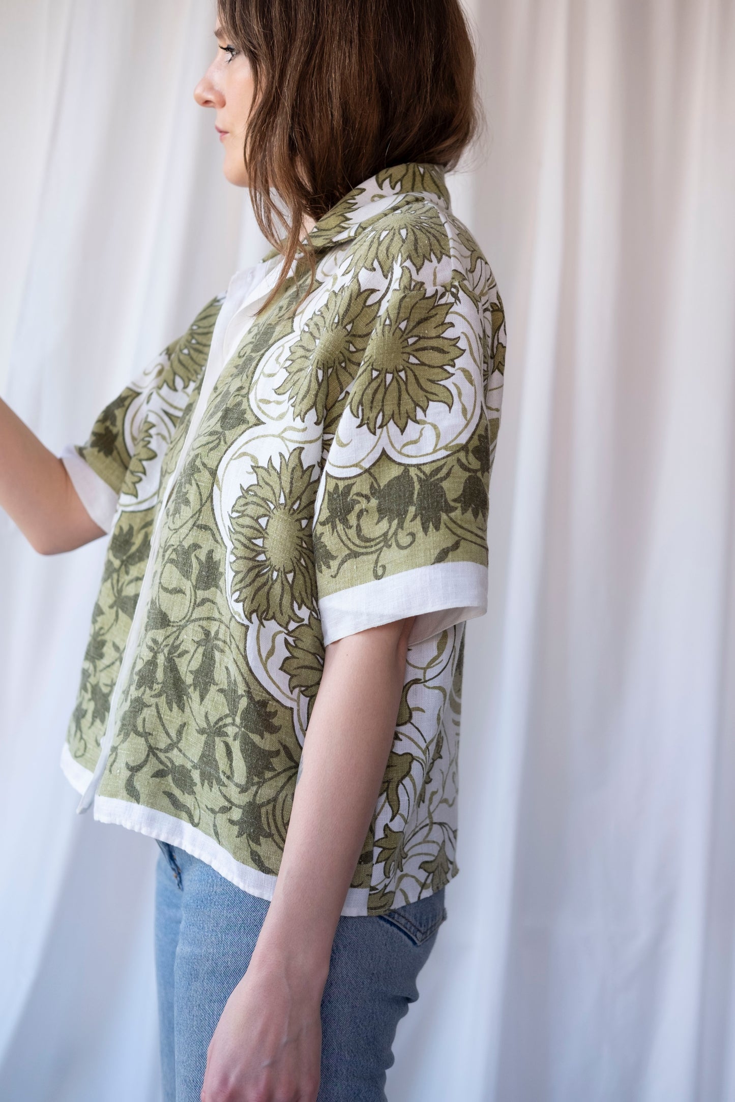 Moss ~ Reworked Linen Tablecloth Shirt ~ L