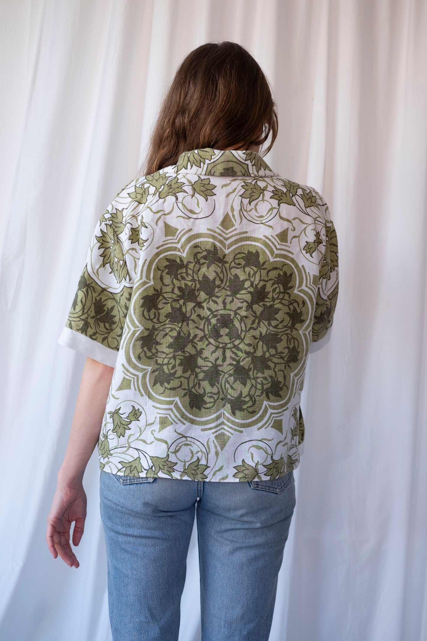 Moss ~ Reworked Linen Tablecloth Shirt ~ L