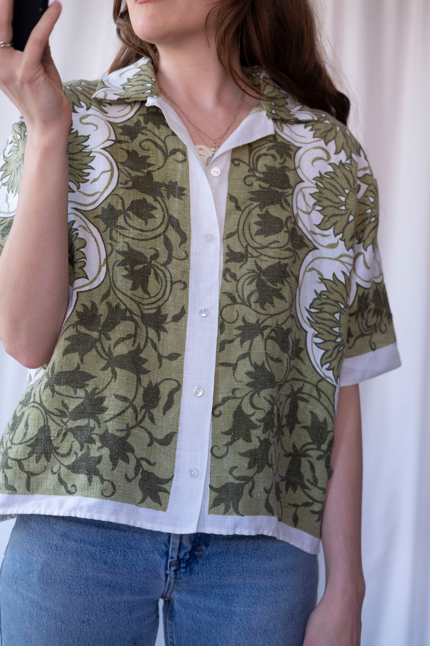 Moss ~ Reworked Linen Tablecloth Shirt ~ L