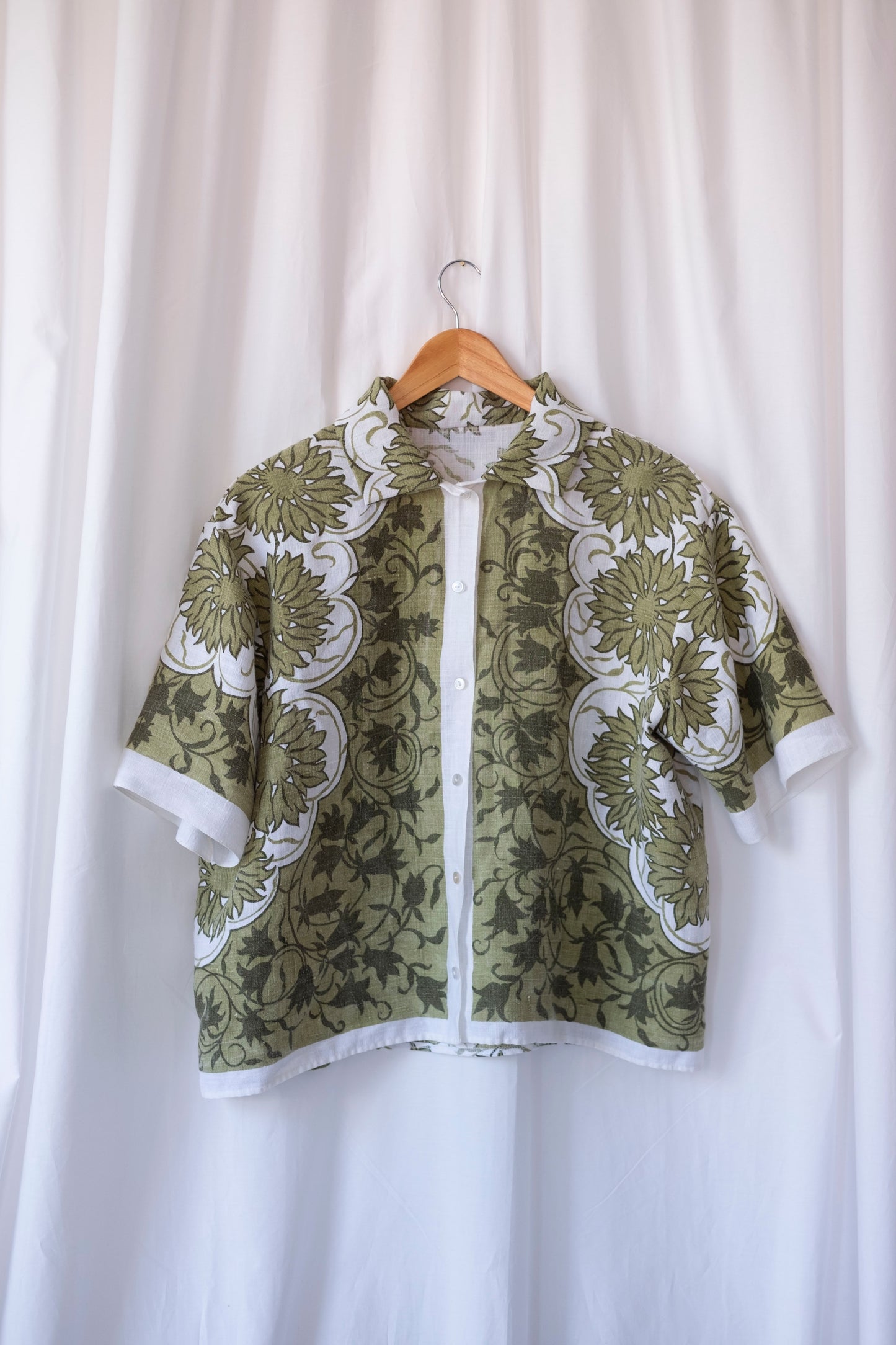 Moss ~ Reworked Linen Tablecloth Shirt ~ L