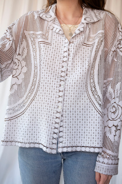 Nightshade ~ Reworked Lace Tablecloth Shirt ~ L