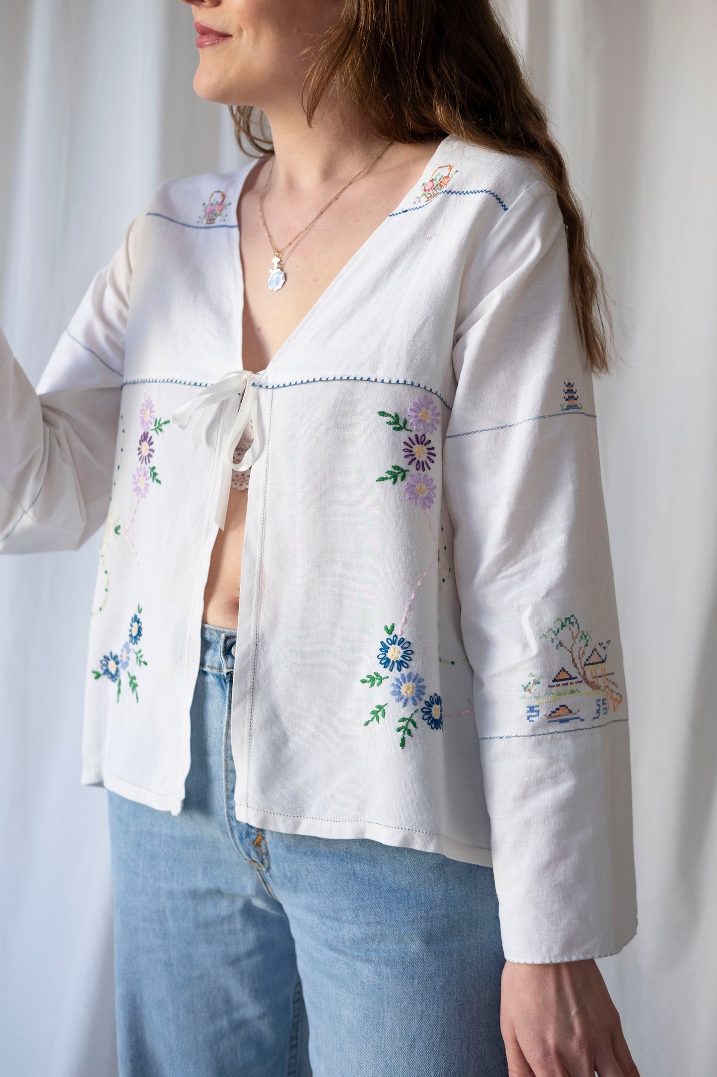 Hyacinth ~ Reworked Embroidered Tie Blouse ~ S