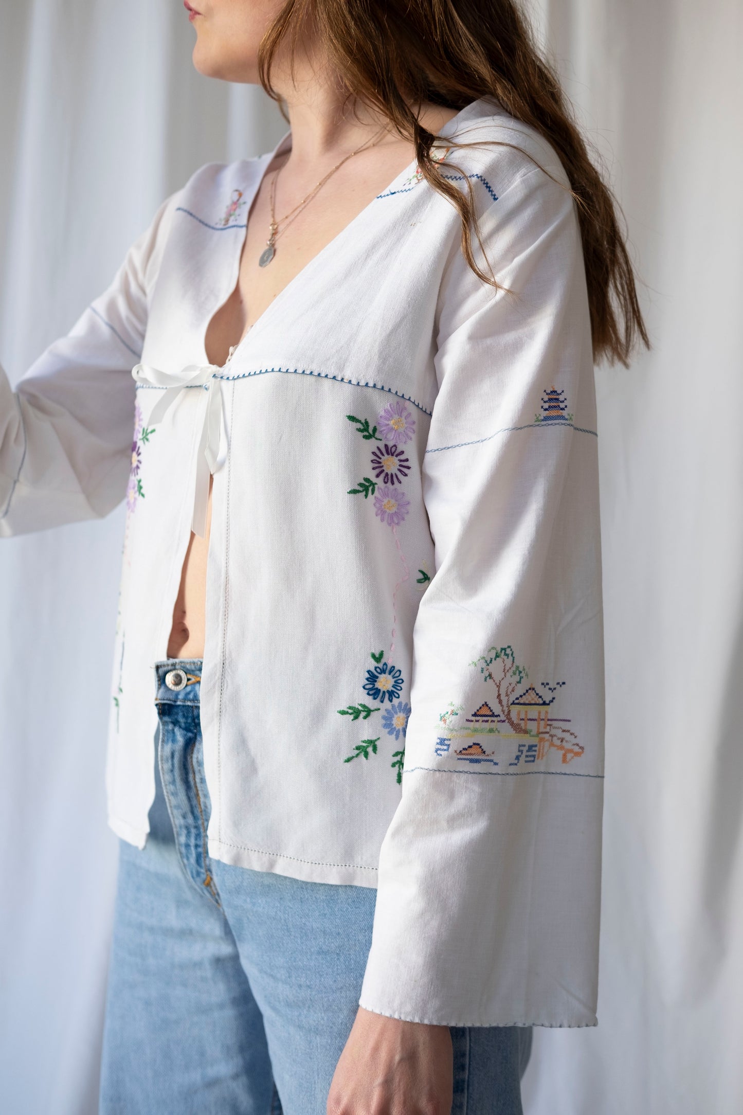 Hyacinth ~ Reworked Embroidered Tie Blouse ~ S