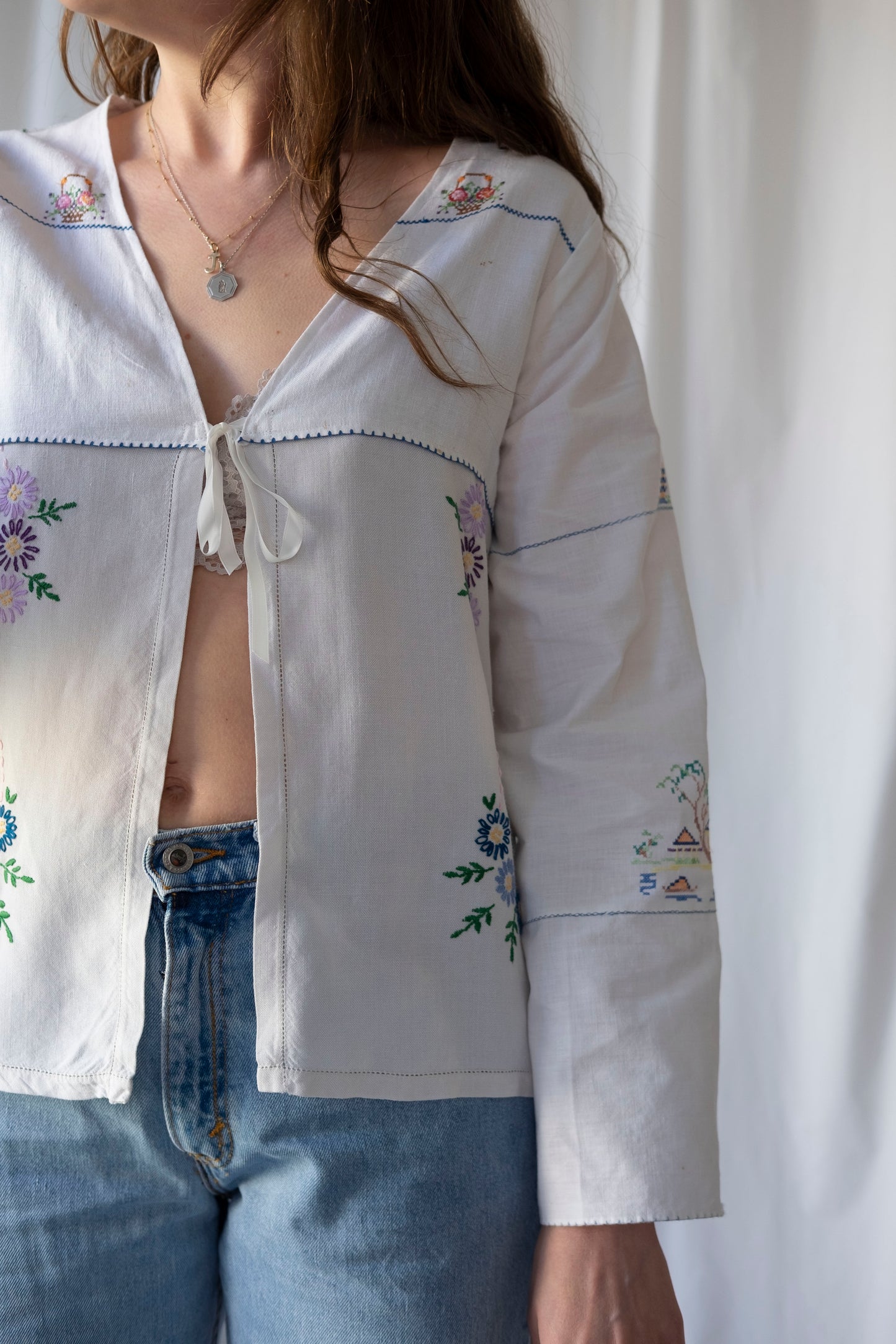 Hyacinth ~ Reworked Embroidered Tie Blouse ~ S