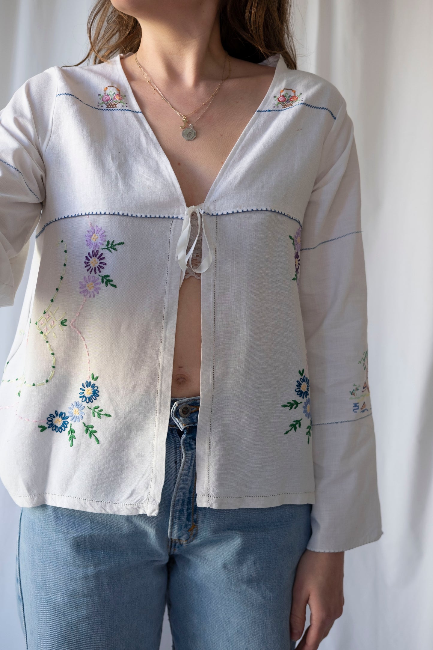 Hyacinth ~ Reworked Embroidered Tie Blouse ~ S