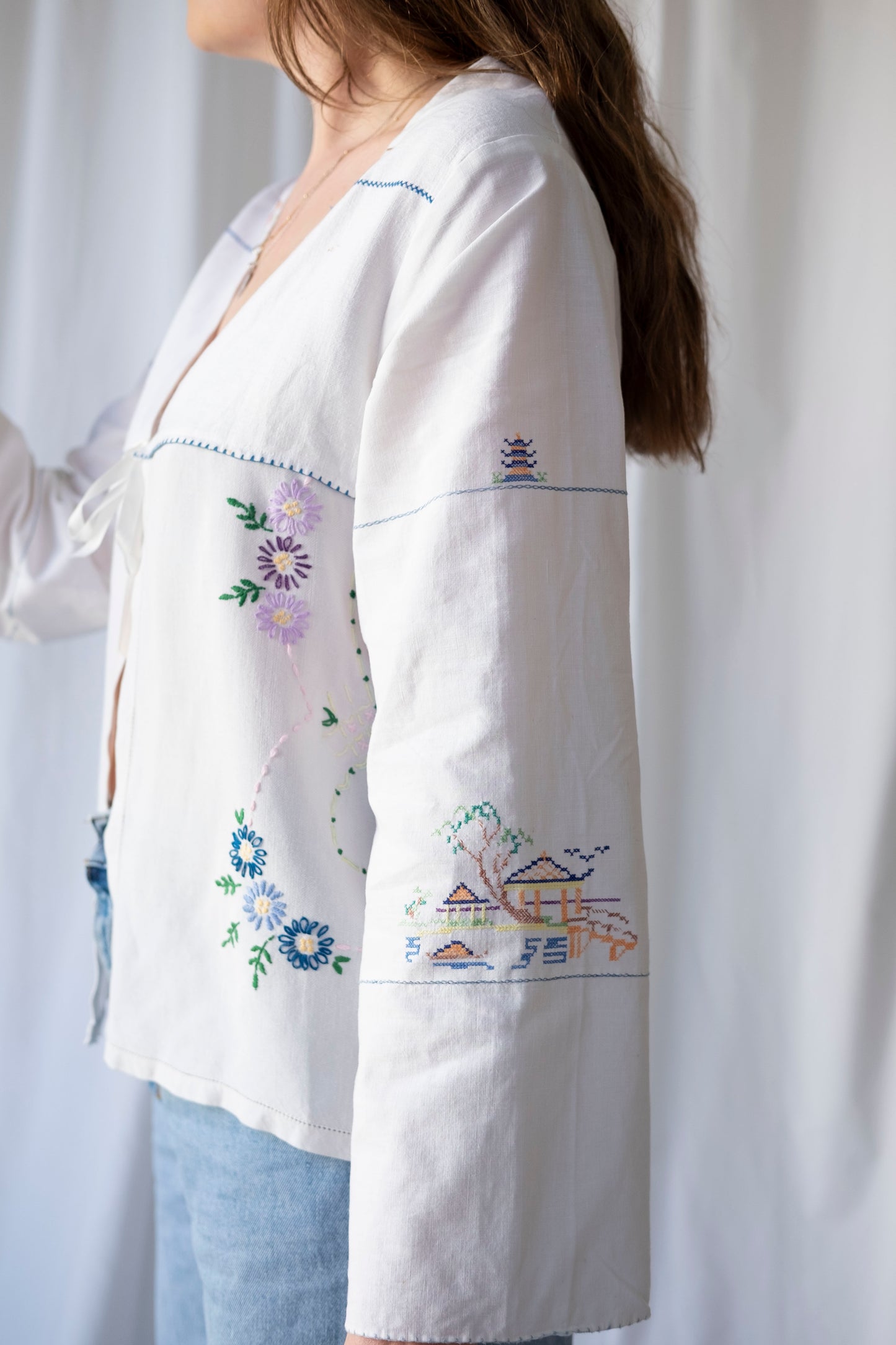 Hyacinth ~ Reworked Embroidered Tie Blouse ~ S