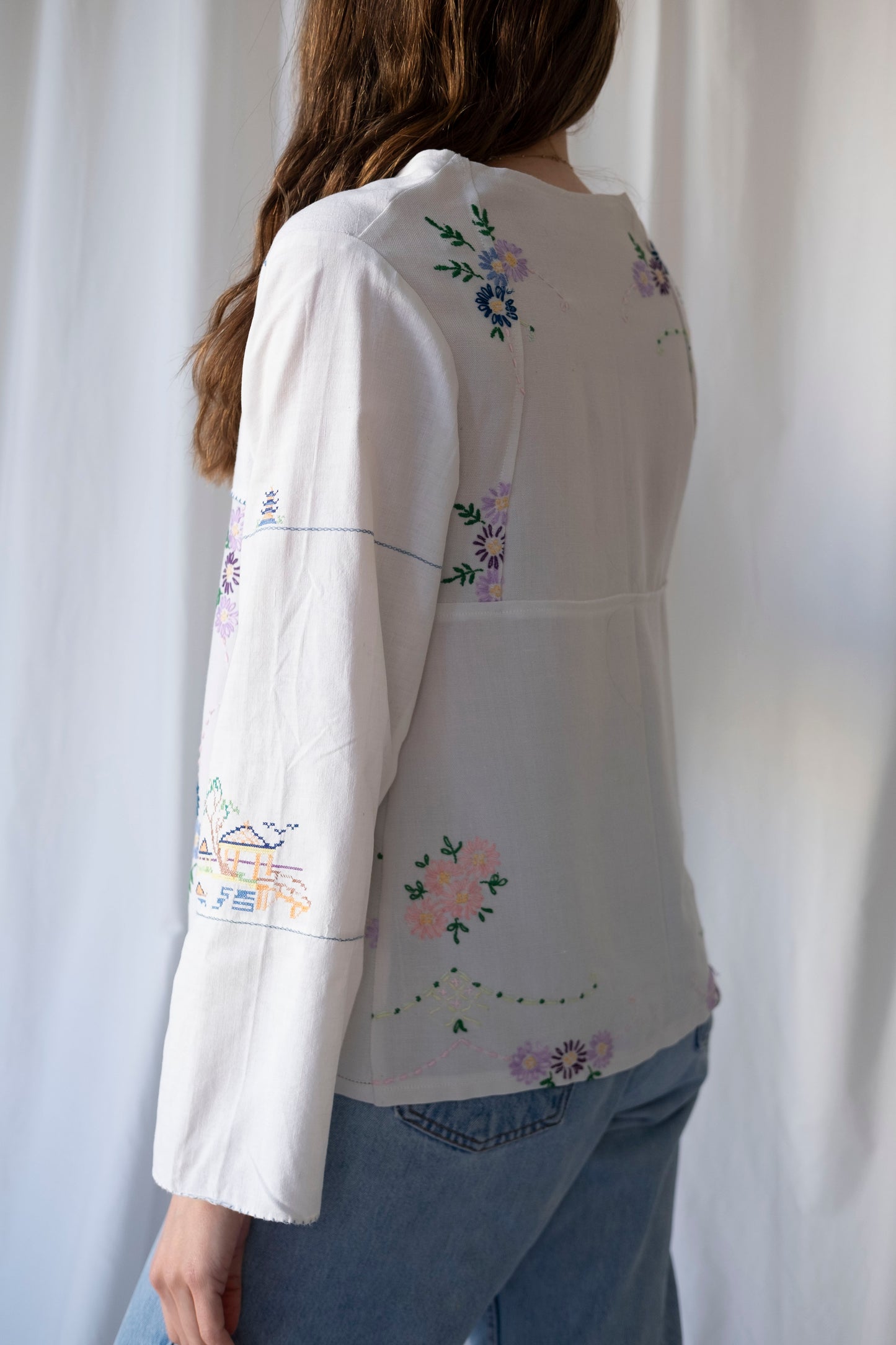 Hyacinth ~ Reworked Embroidered Tie Blouse ~ S