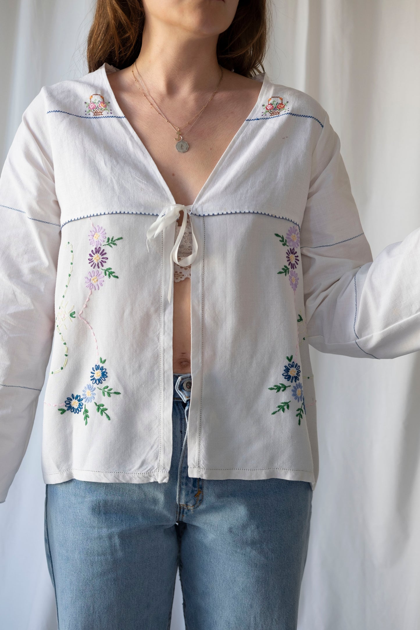 Hyacinth ~ Reworked Embroidered Tie Blouse ~ S