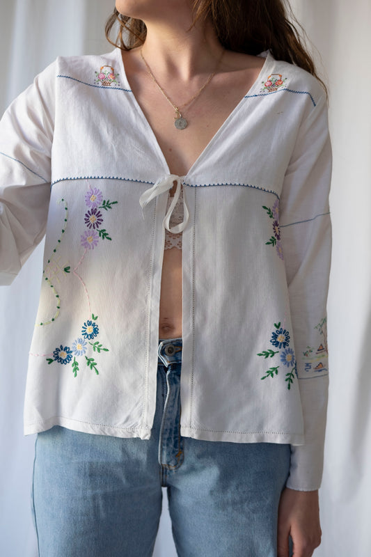 Hyacinth ~ Reworked Embroidered Tie Blouse ~ S