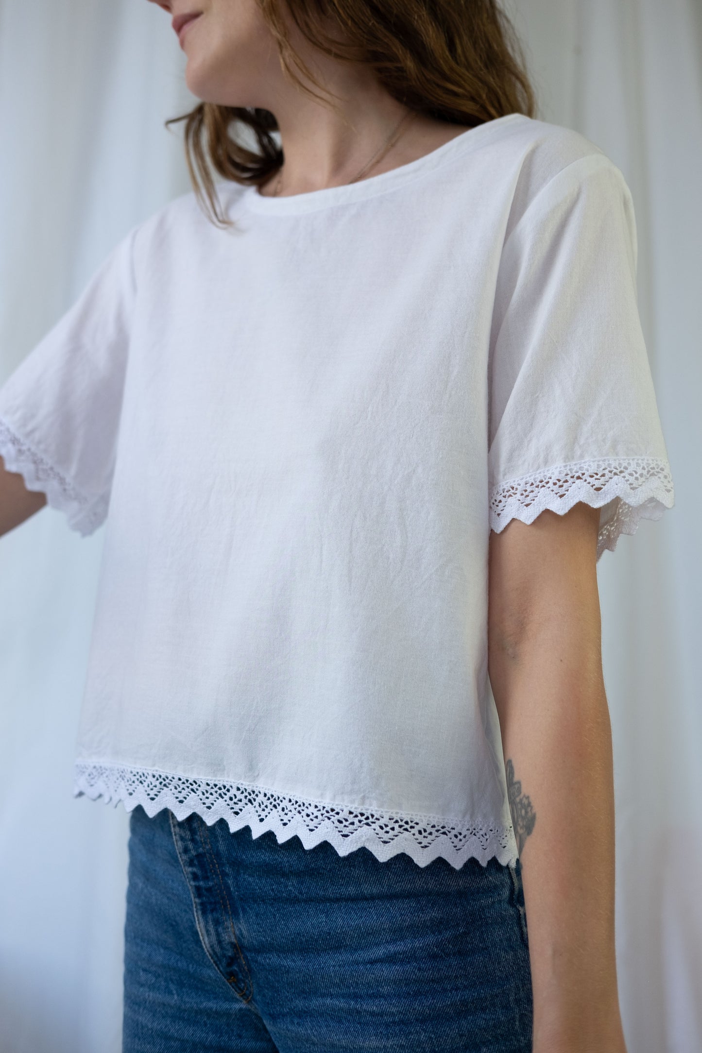 Jane ~ Reworked Vintage Linen Crochet Tee - M