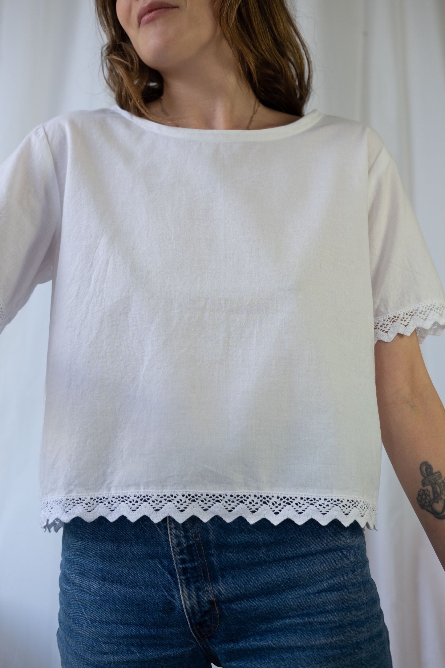 Jane ~ Reworked Vintage Linen Crochet Tee - M