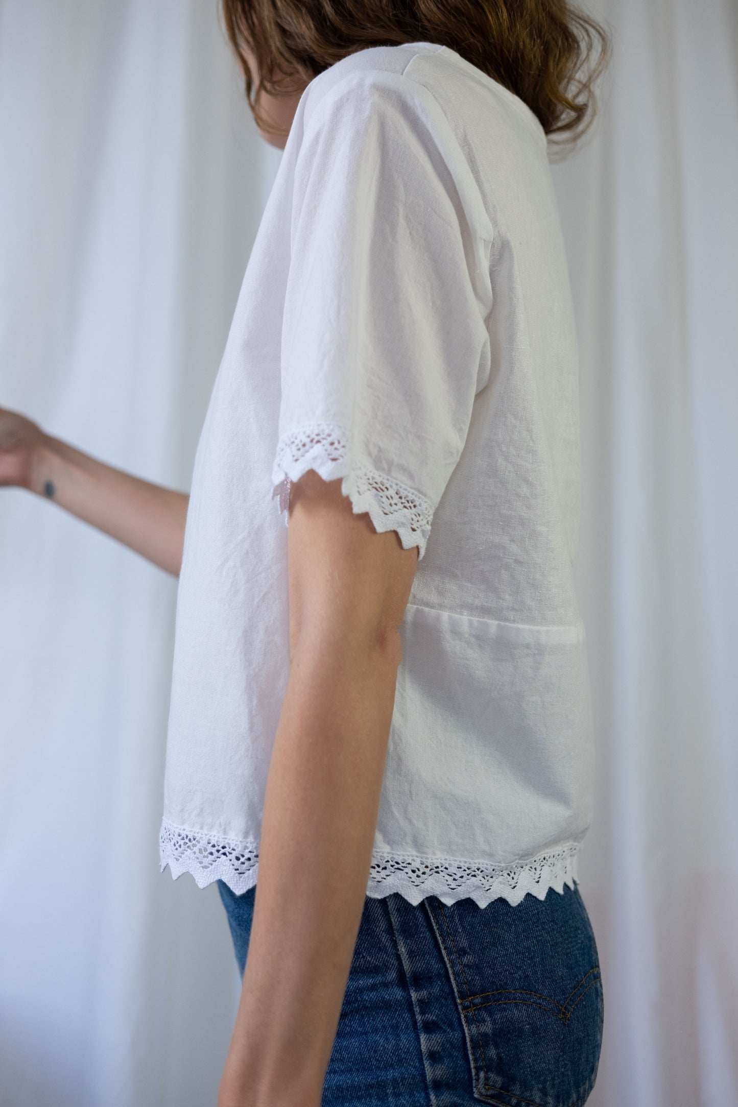 Jane ~ Reworked Vintage Linen Crochet Tee - M