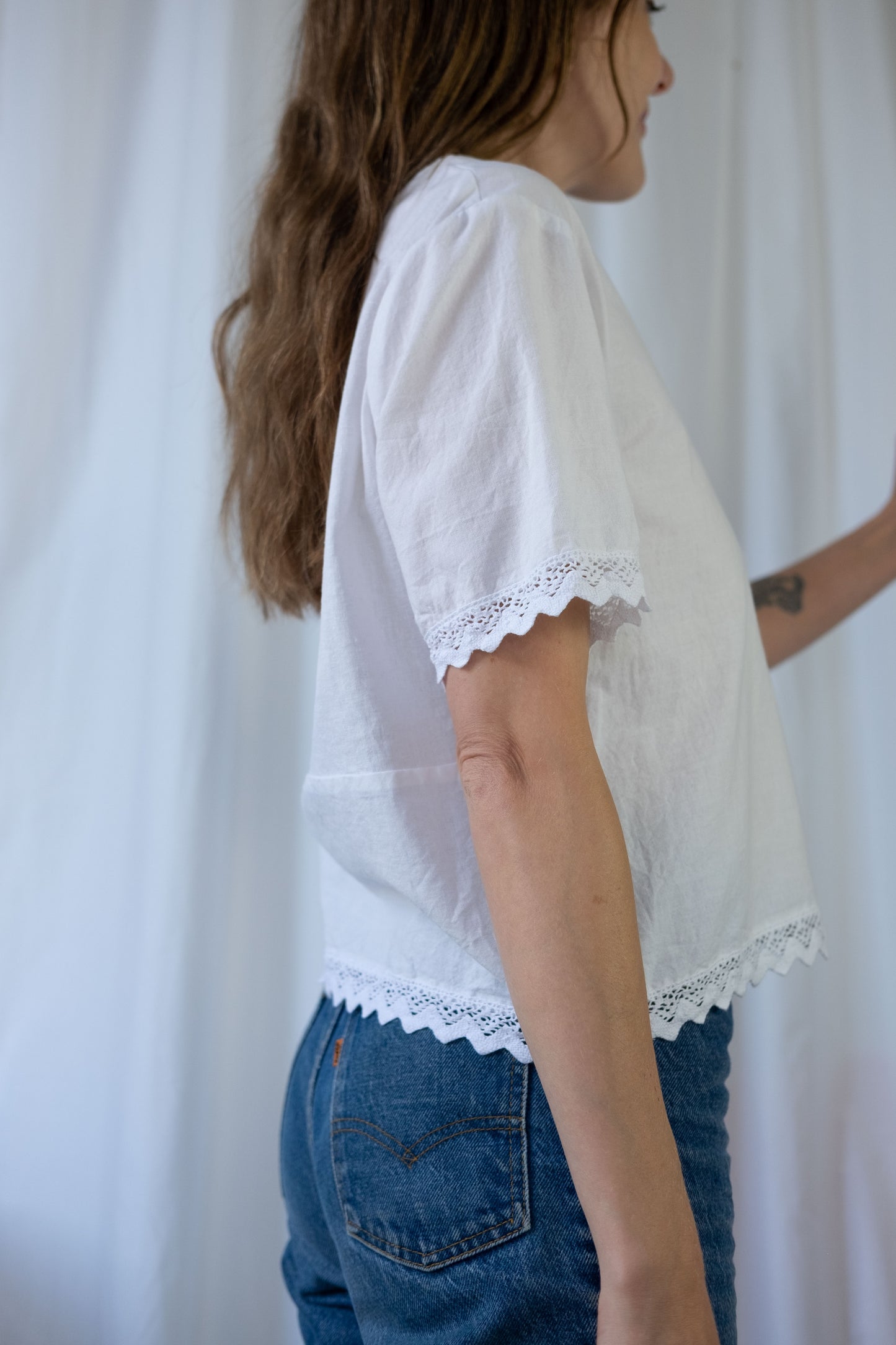 Jane ~ Reworked Vintage Linen Crochet Tee - M