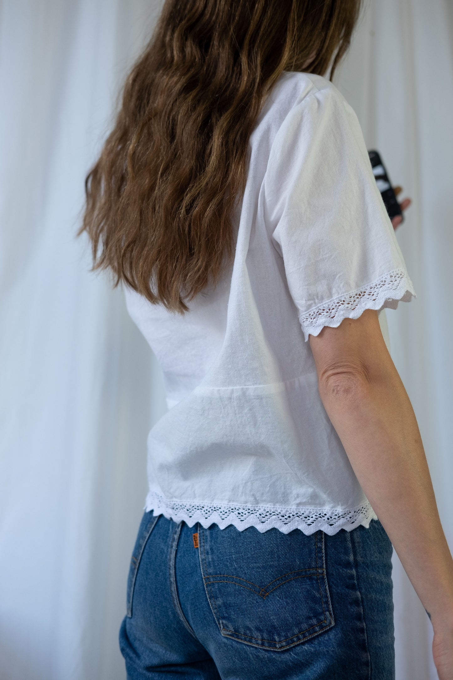 Jane ~ Reworked Vintage Linen Crochet Tee - M