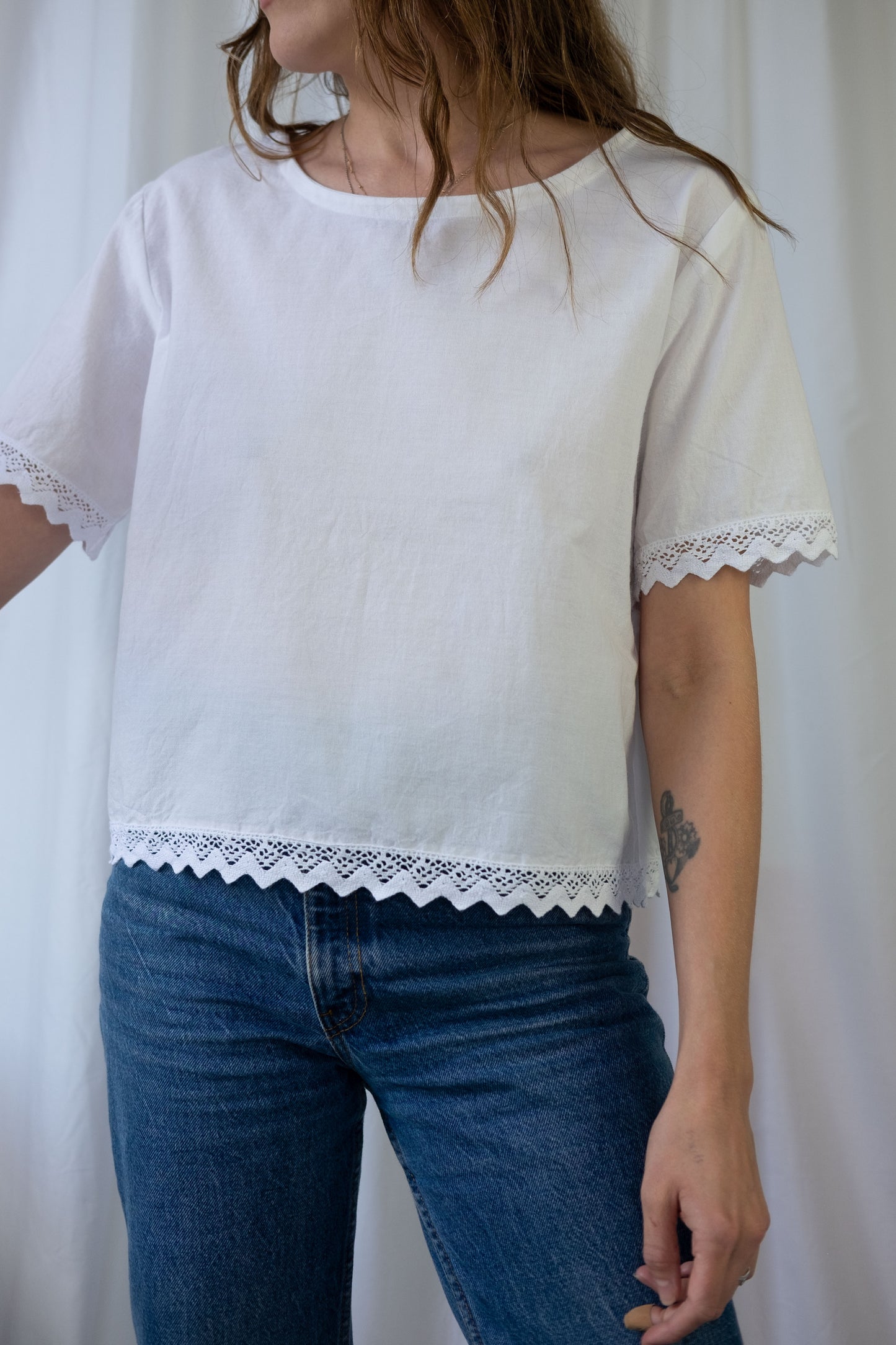 Jane ~ Reworked Vintage Linen Crochet Tee - M