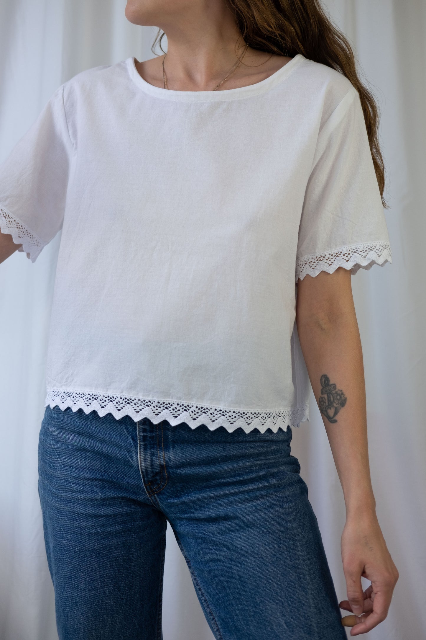 Jane ~ Reworked Vintage Linen Crochet Tee - M