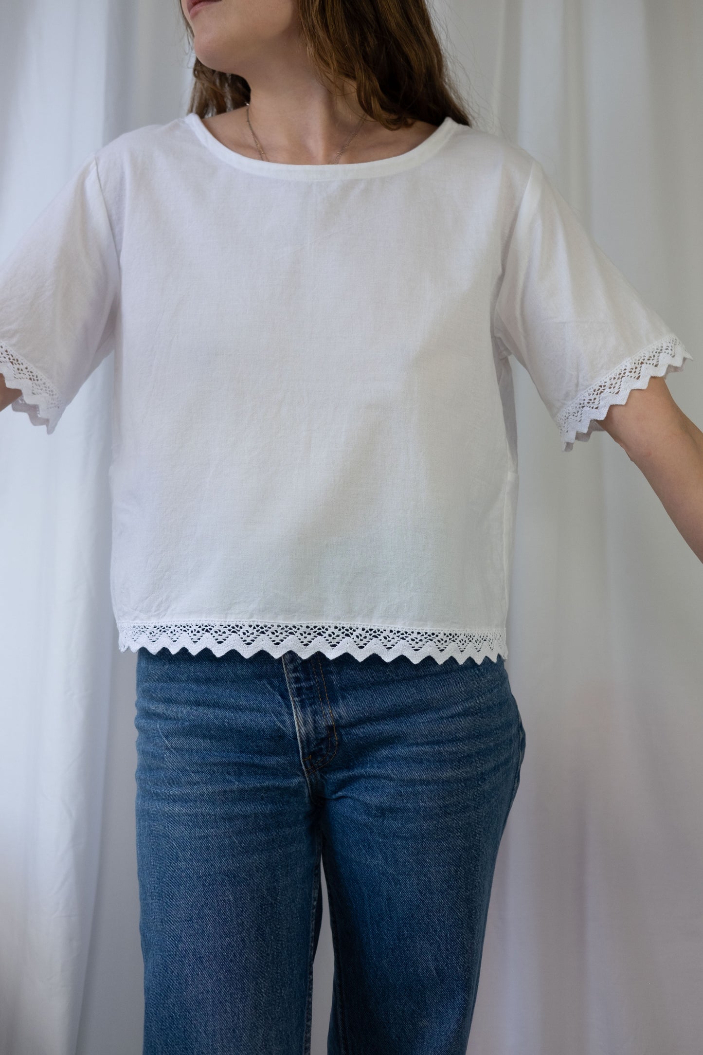 Jane ~ Reworked Vintage Linen Crochet Tee - M