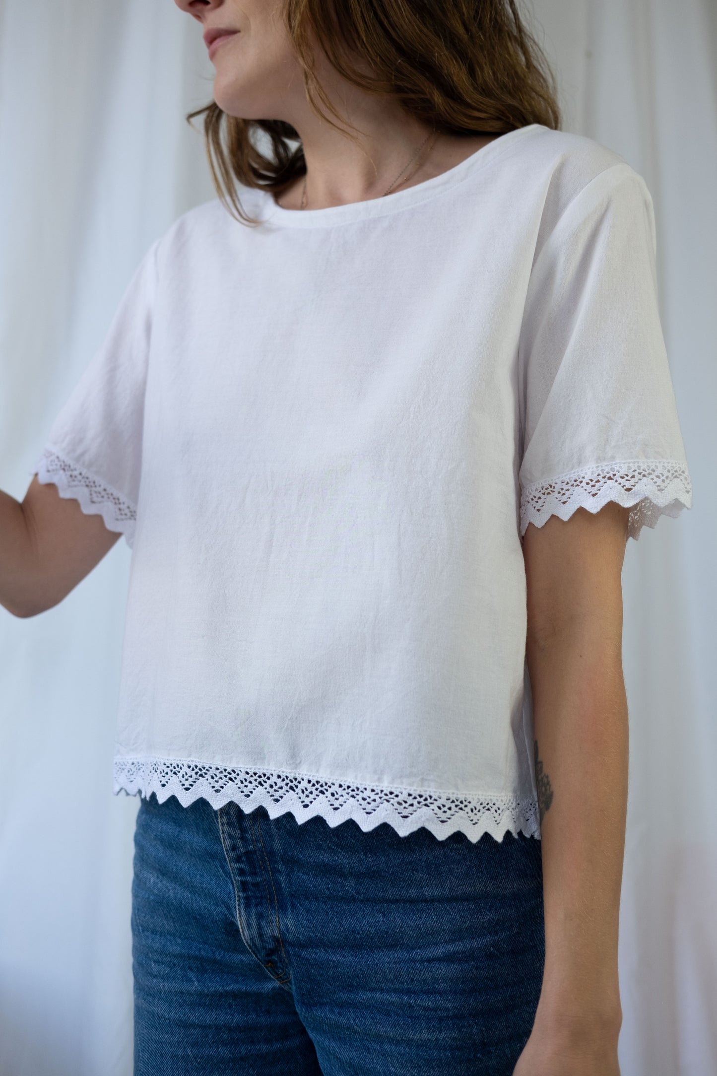 Jane ~ Reworked Vintage Linen Crochet Tee - M