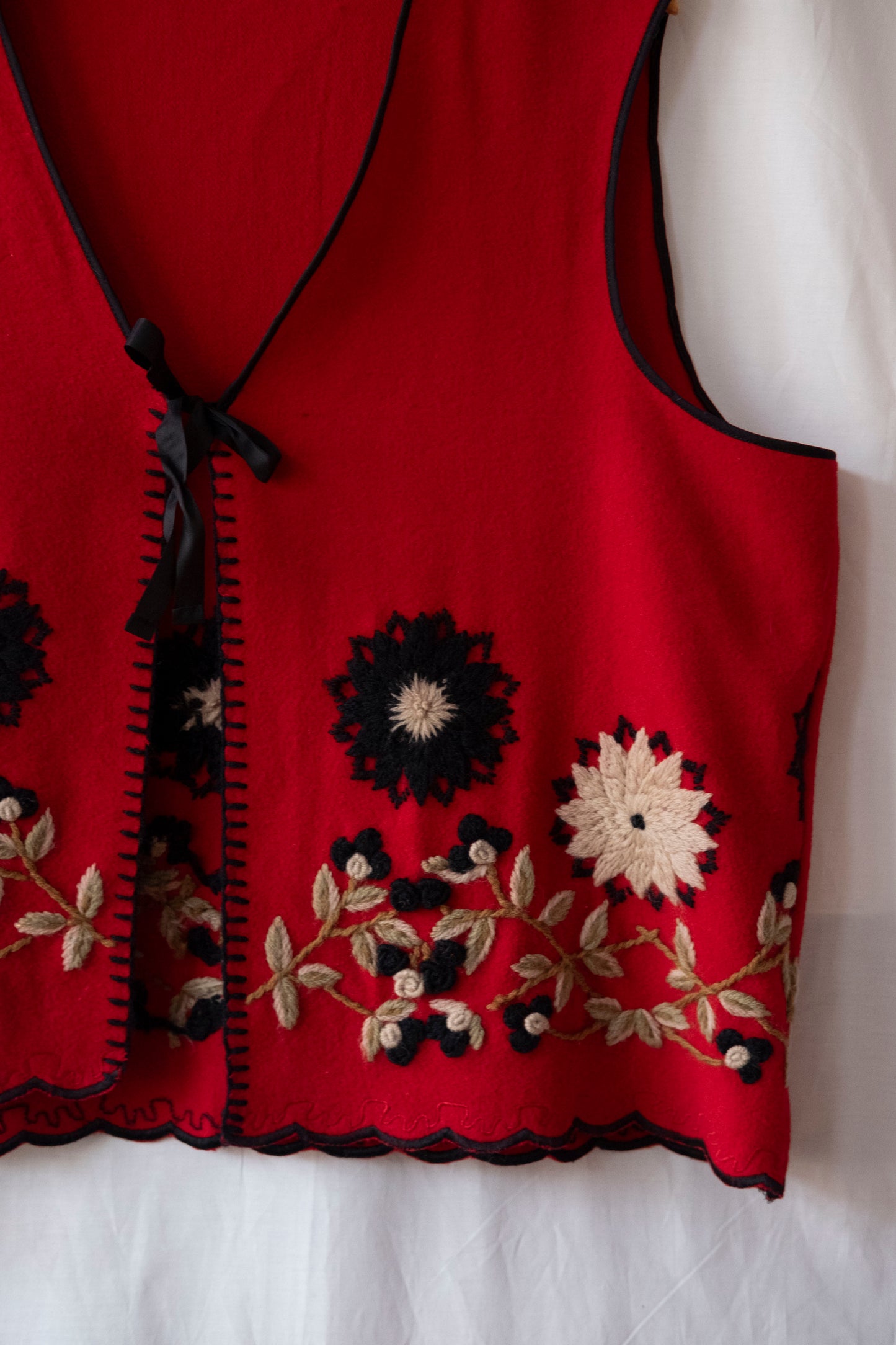 Poinsettia ~ Reworked Red Wool Embroidered Waistcoat - M/L