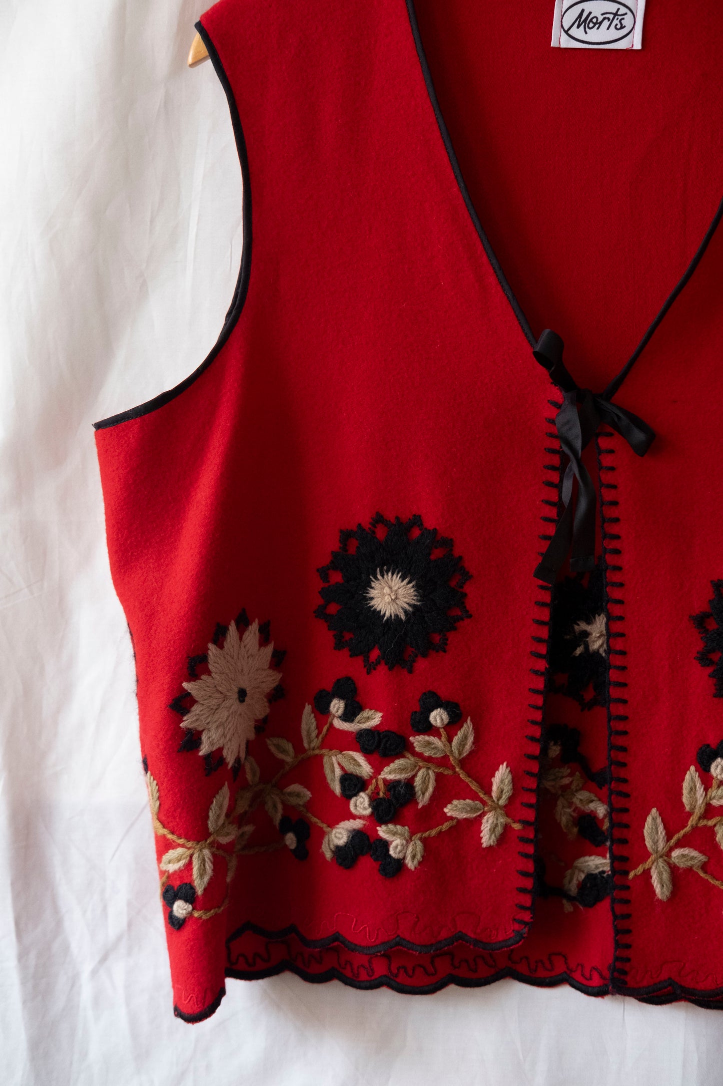 Poinsettia ~ Reworked Red Wool Embroidered Waistcoat - M/L