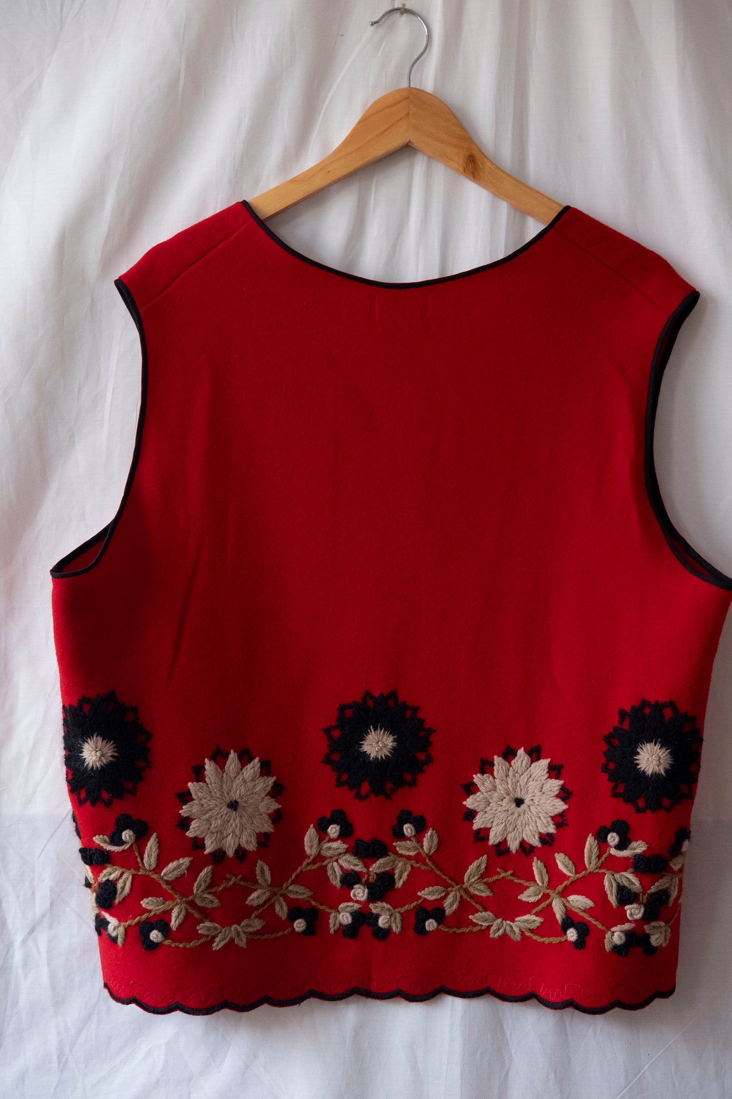 Poinsettia ~ Reworked Red Wool Embroidered Waistcoat - M/L