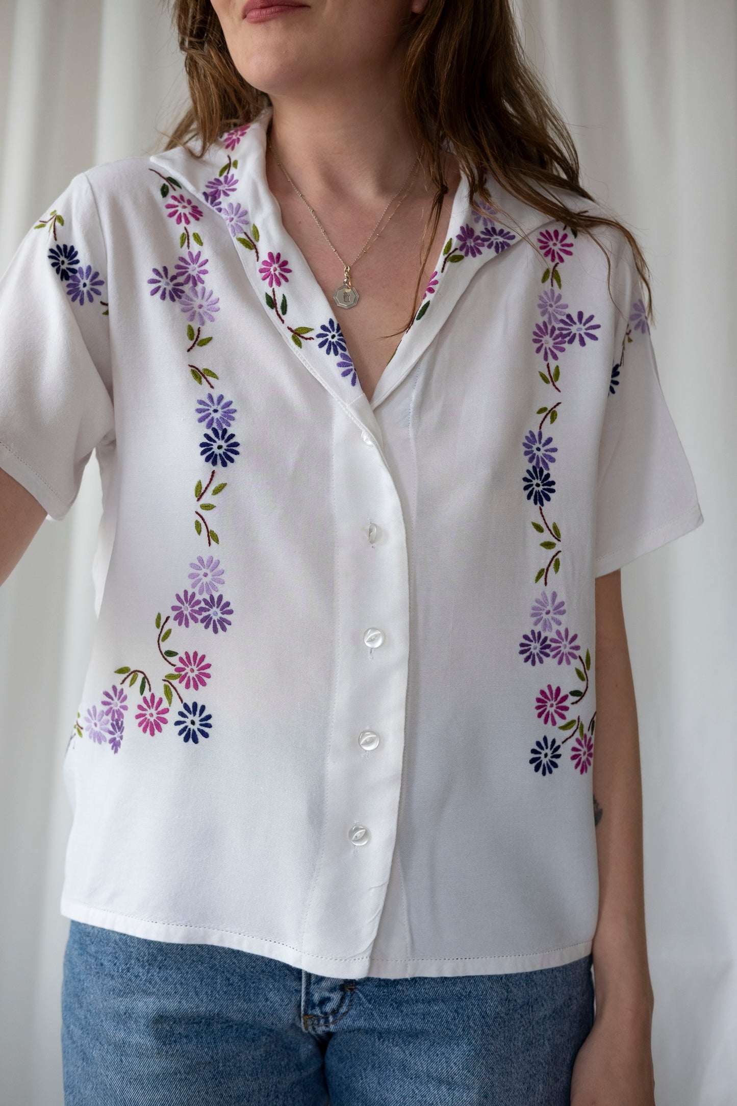 Allium ~ Reworked Vintage Embroidered Cotton Shirt - M