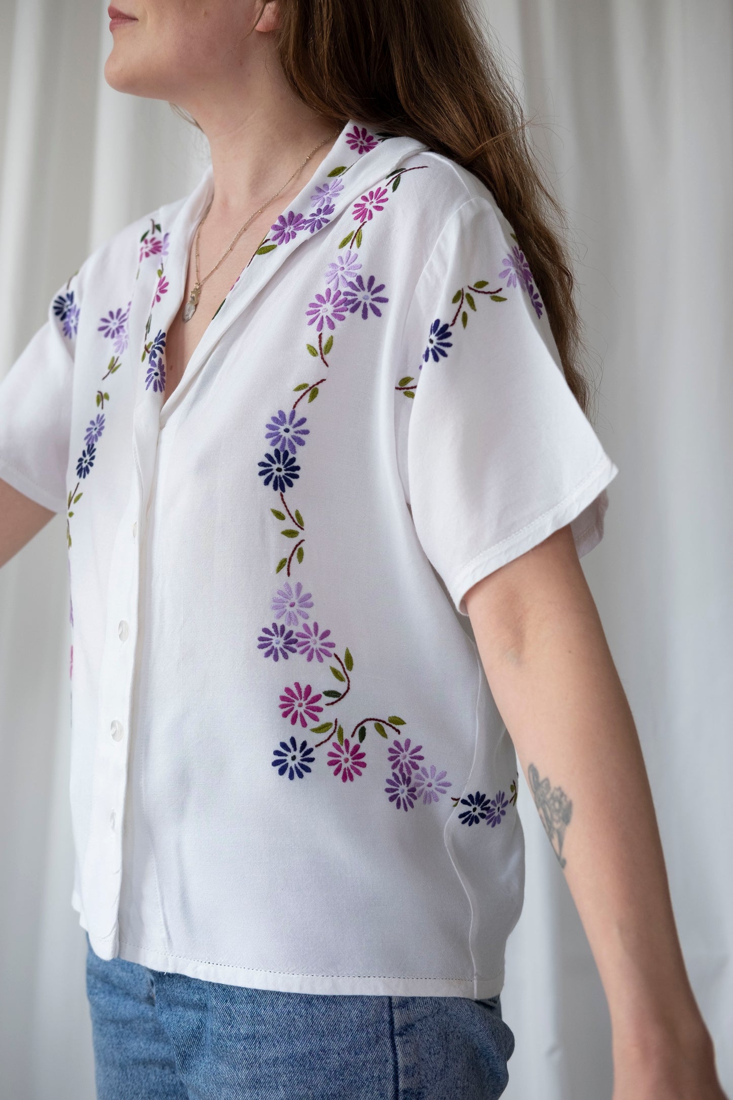 Allium ~ Reworked Vintage Embroidered Cotton Shirt - M