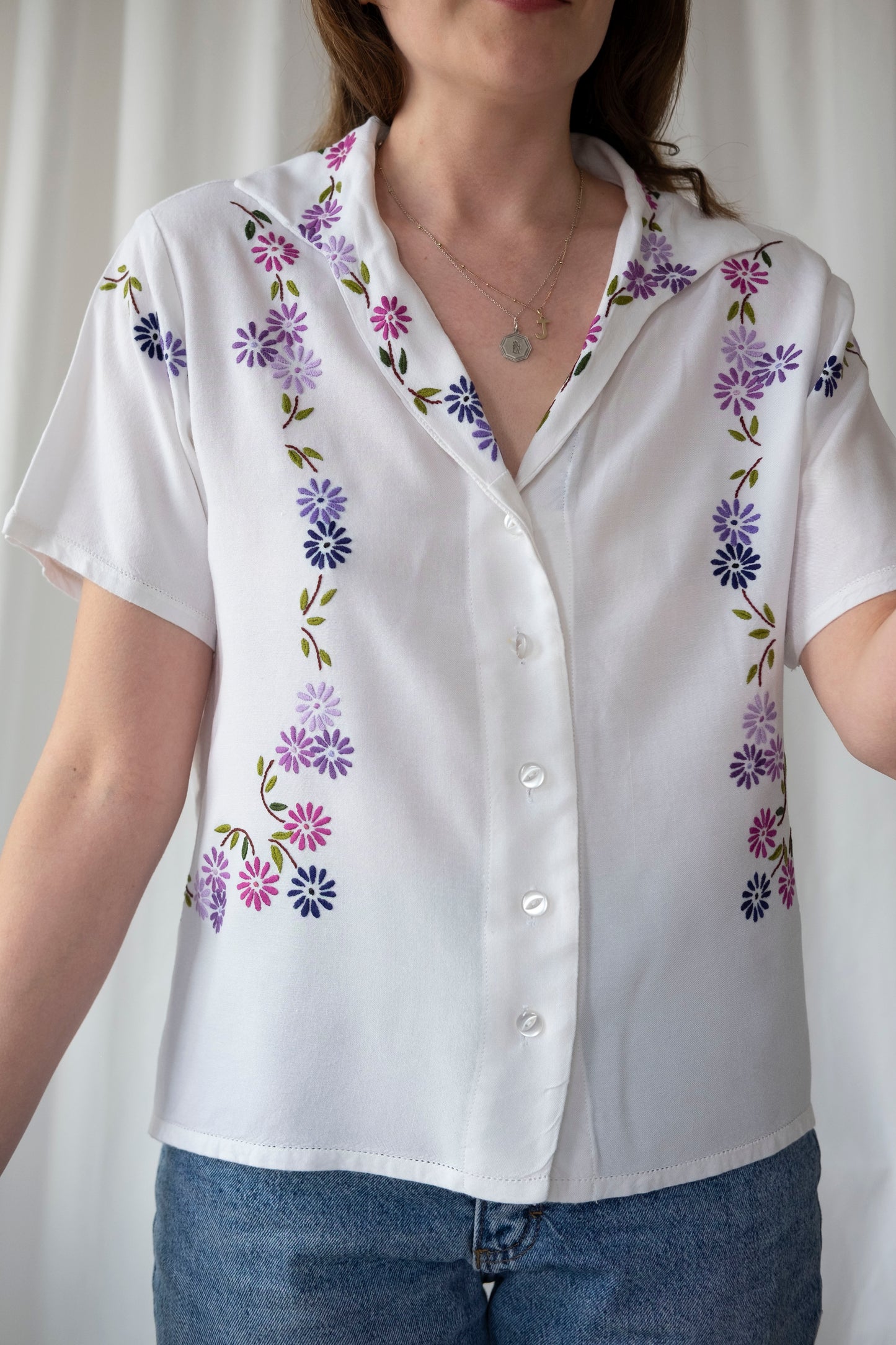 Allium ~ Reworked Vintage Embroidered Cotton Shirt - M