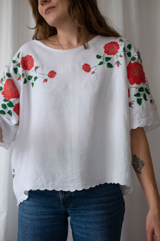 Rhosyn ~ Reworked Vintage Linen Embroidered Tee - XL