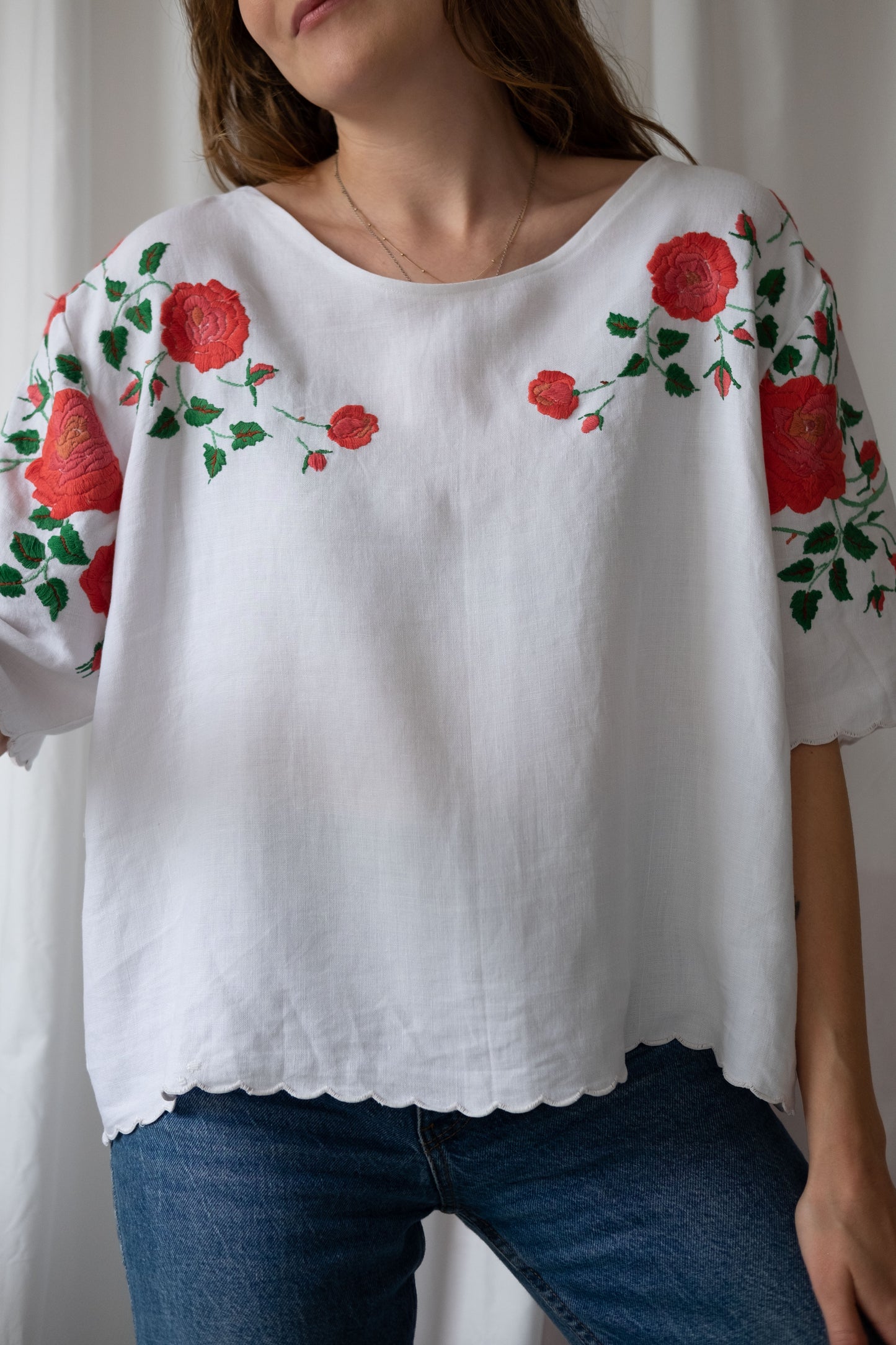 Rhosyn ~ Reworked Vintage Linen Embroidered Tee - XL