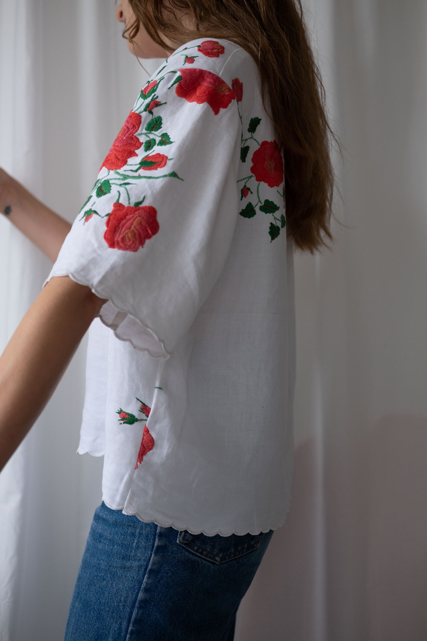 Rhosyn ~ Reworked Vintage Linen Embroidered Tee - XL