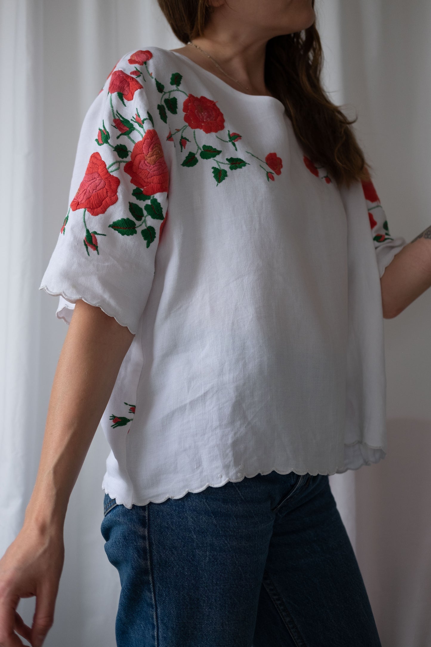 Rhosyn ~ Reworked Vintage Linen Embroidered Tee - XL