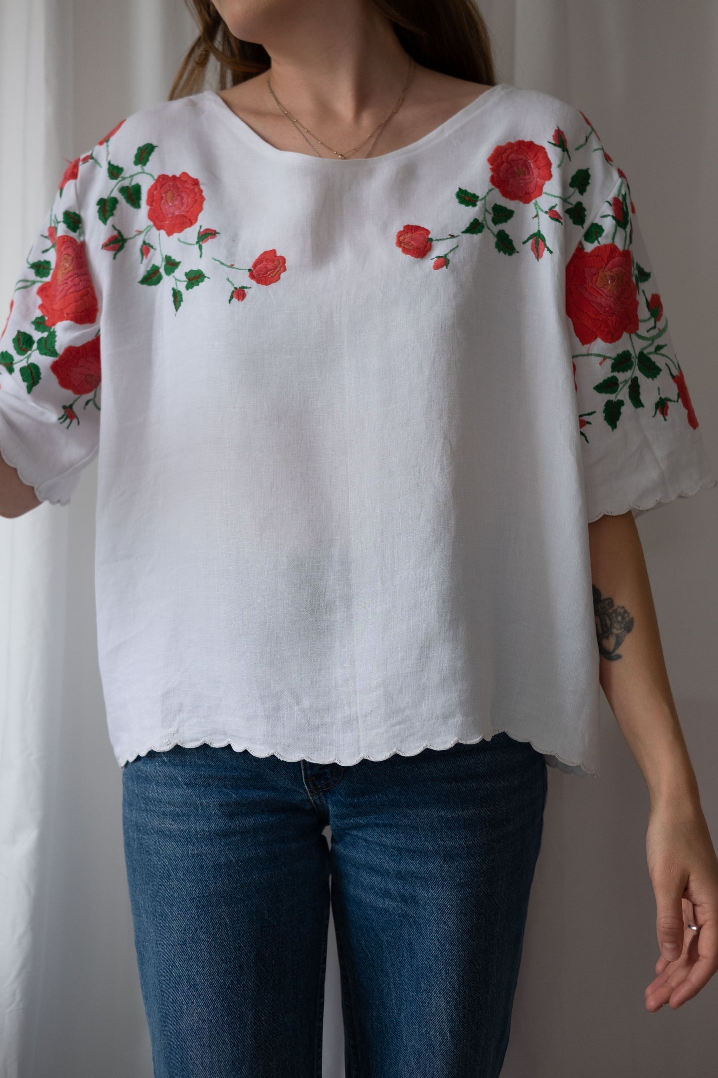 Rhosyn ~ Reworked Vintage Linen Embroidered Tee - XL