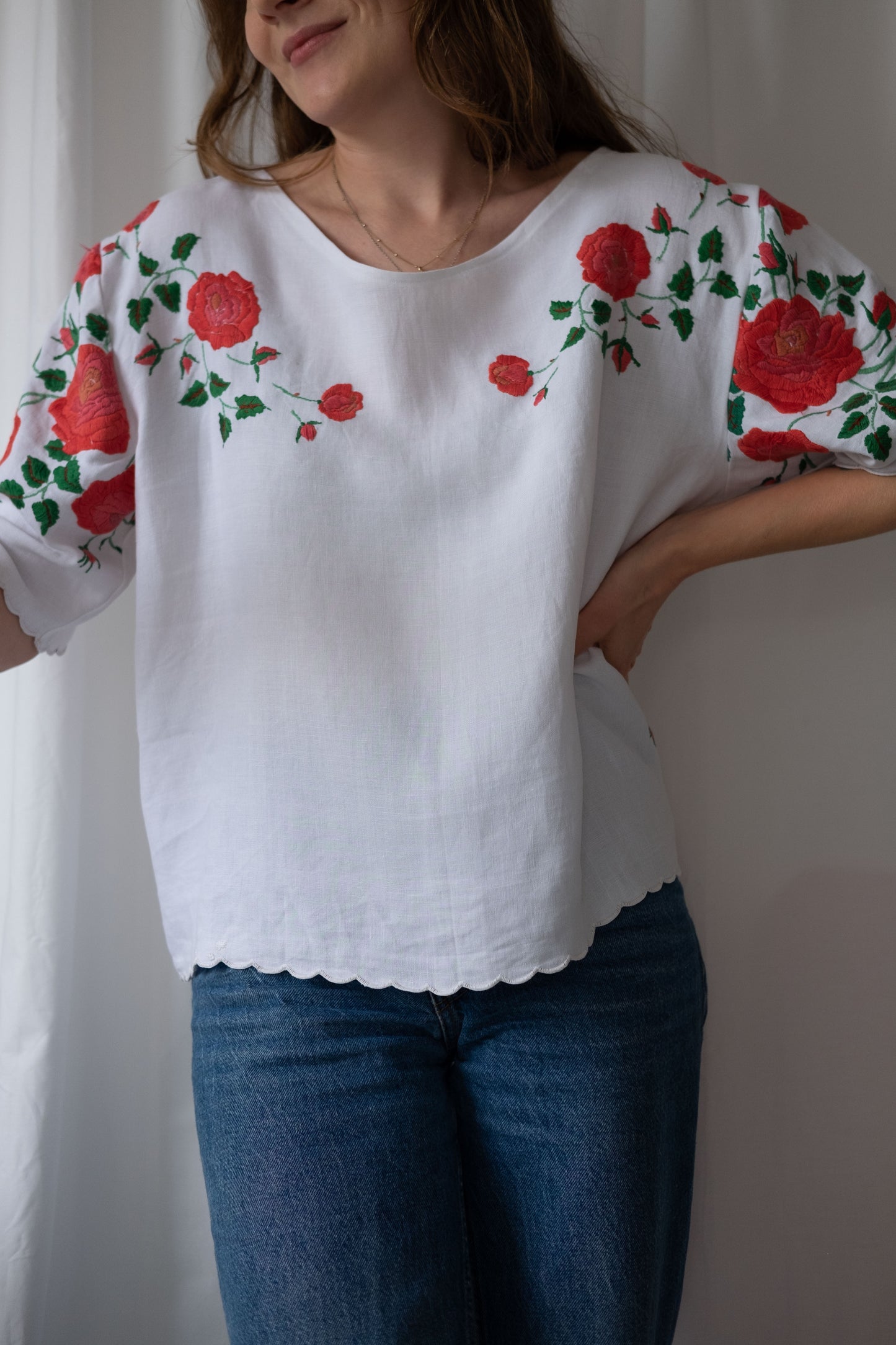 Rhosyn ~ Reworked Vintage Linen Embroidered Tee - XL