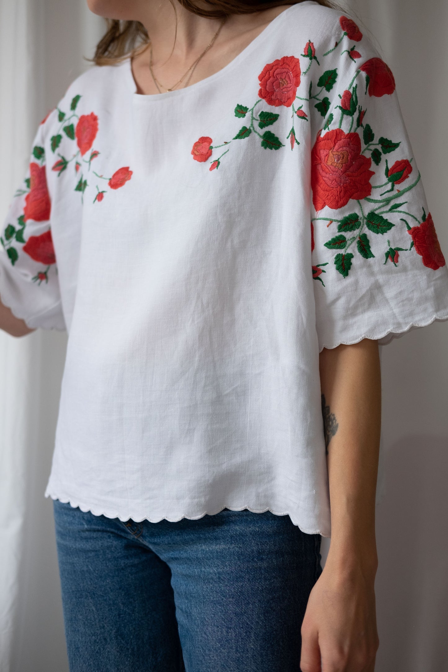 Rhosyn ~ Reworked Vintage Linen Embroidered Tee - XL