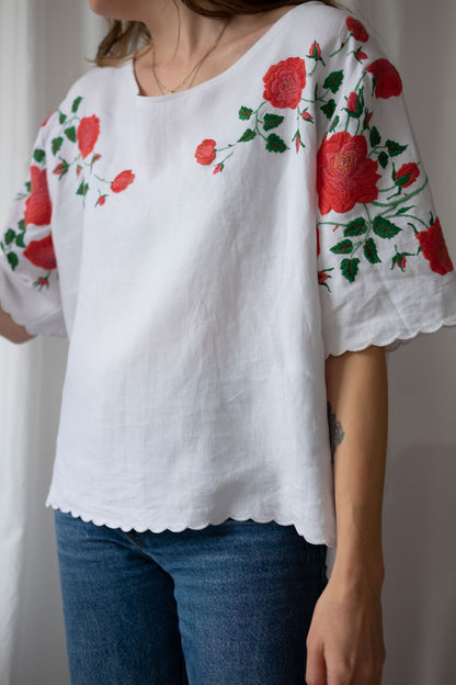 Rhosyn ~ Reworked Vintage Linen Embroidered Tee - XL